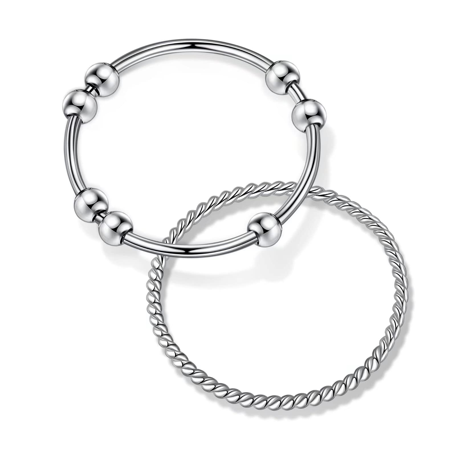 S925 Sterling Silver Fidget Rings for Women & Men - 2Pcs Anxiety Relief Spinner Rings with Beads, Twist Stress Relieving Jewelry for Adults & Teens | Perfect for ADHD, Anxiety, Focus & Office Use