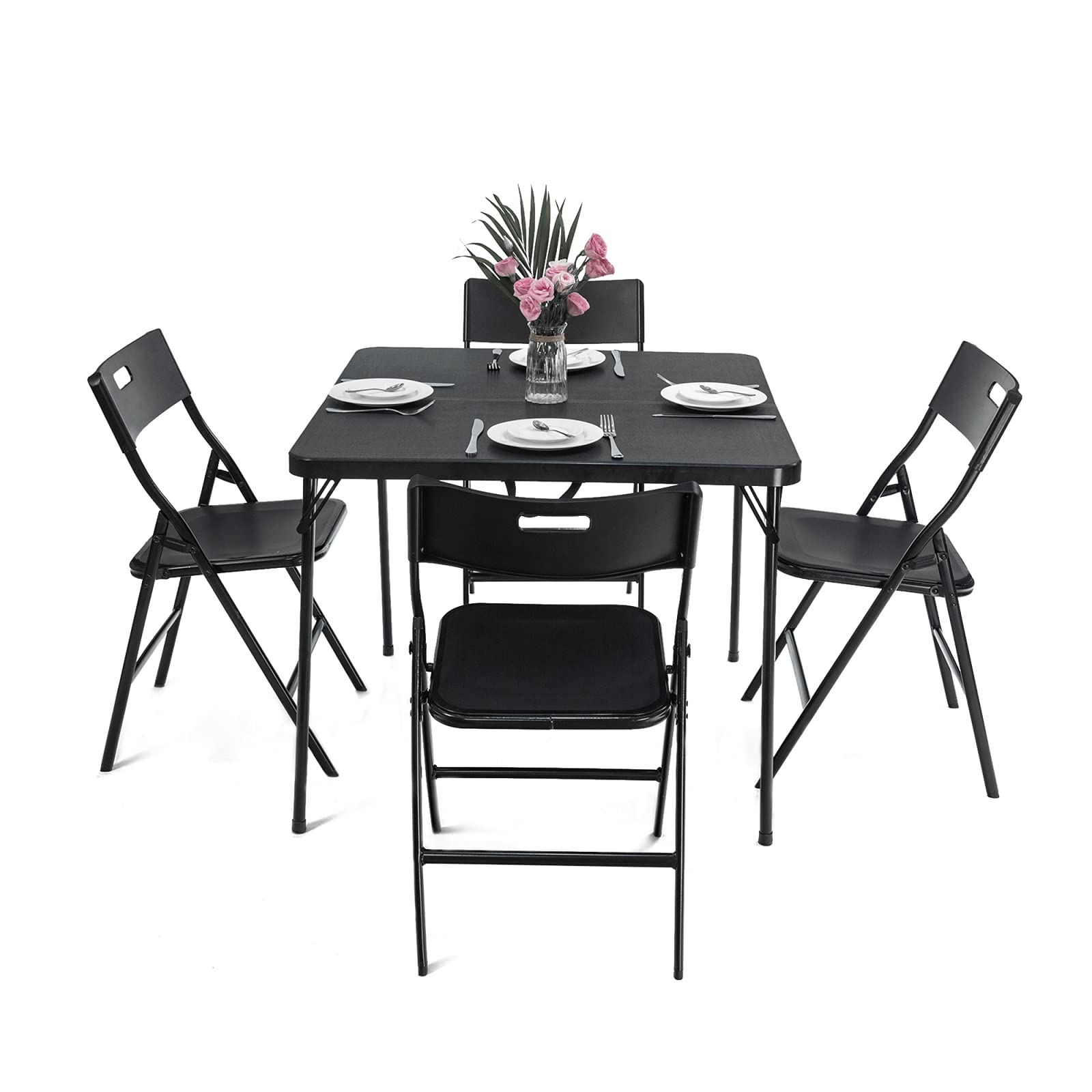 OpenBeauty 5-Piece Folding Table and Chair Set - Square Dining Table with 4 Foldable Chairs, Space-Saving Design with Half-Fold Tabletop & Sturdy Metal Legs in Black - Perfect for Small Apartments, Balcony Dining, Outdoor Picnics, and Compact Living Spaces