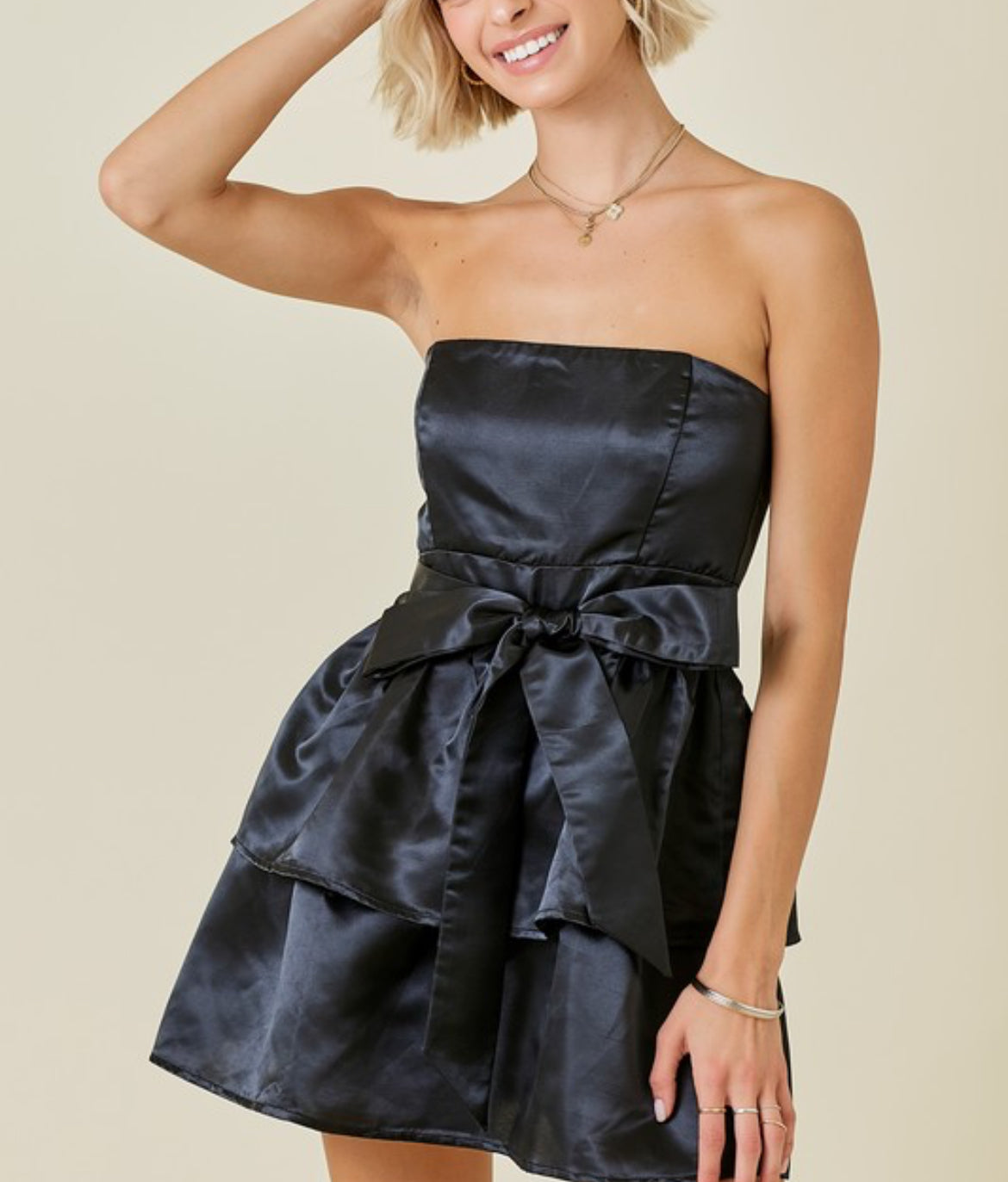 Elegant Black Strapless Satin Mini Dress with Ruffle Detail - Perfect for Cocktail Parties, Date Nights & Special Occasions