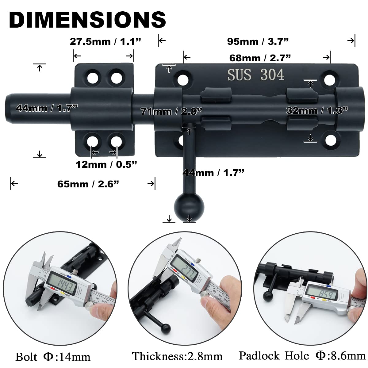 6 Inch Black 304 Stainless Steel Barrel Bolt Door Latch with Padlock Hole - Heavy Duty Slide Lock for Gates, Sheds & Barn Doors - Weatherproof Security Lock for Outdoor Use