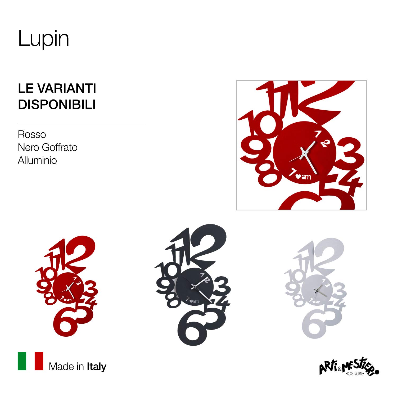 Lupin Design Wall Clock - 100% Made in Italy, Handcrafted Iron Wall Clock, 30 x 48 cm, Red - Perfect for Living Room, Bedroom & Office Decor