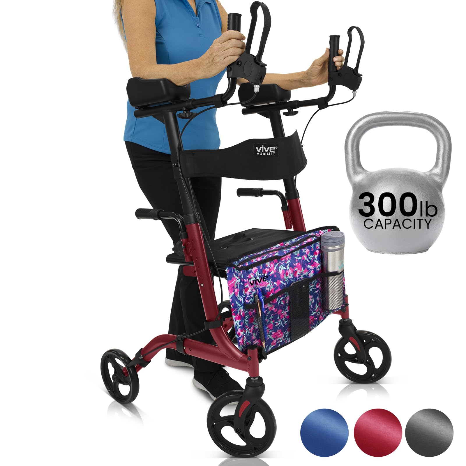 Vive Mobility Upright Walker with Seat - Heavy Duty Folding Rollator for Seniors & Elderly with Armrests, Floral Bag - Red Foldable Walking Aid for Women & Men - Perfect for Indoor/Outdoor Mobility Assistance & Shopping Trips