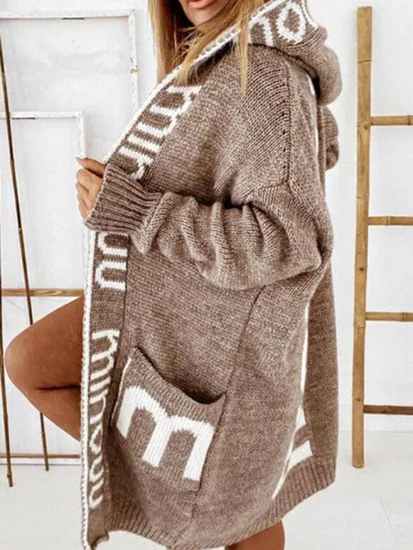 Women's Long Hooded Cardigan with Letter Print - Cozy Fall & Winter Outerwear for Casual Outfits and Layering
