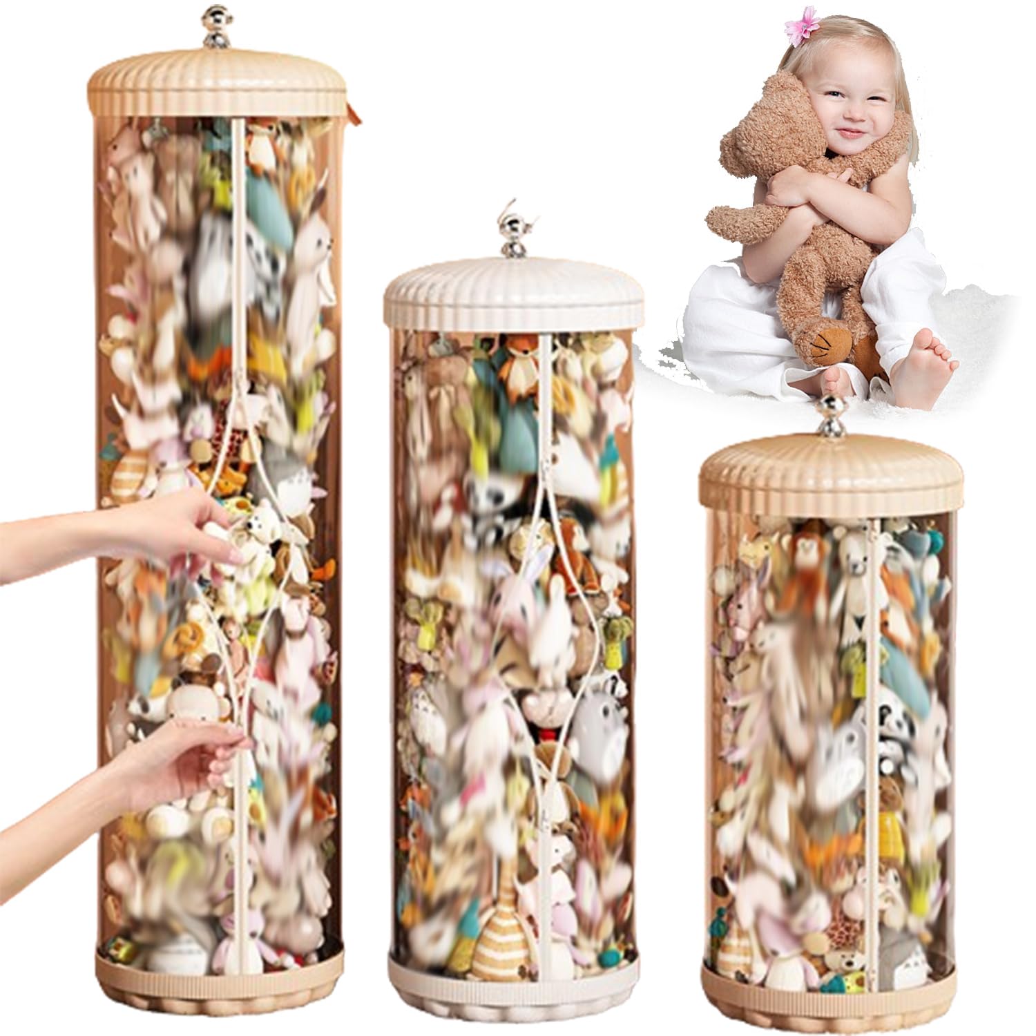 Kids Doll Storage Tube - Transparent PET Stuffed Animal Organizer with Zipper & Lid, 150cm White Toy Display Bucket for Bedroom | Perfect for Toy Organization, Playroom Storage & Kids Room Decor