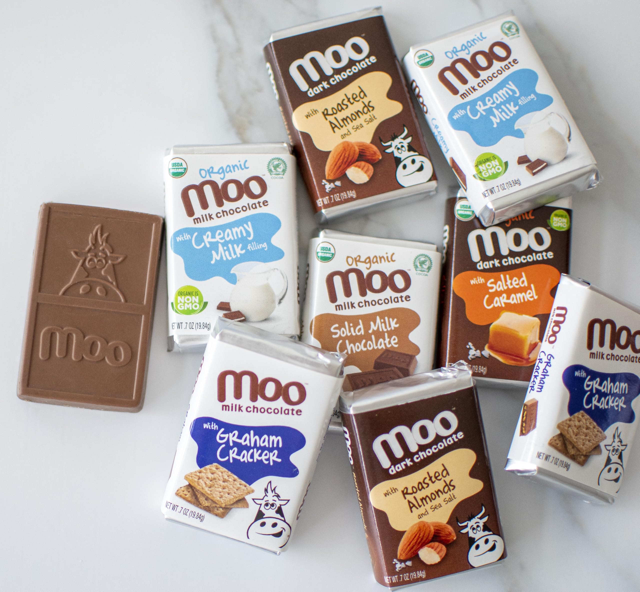 **Moo Chocolates All Natural Milk Chocolate Mini Bars with Honey Caramel – 0.7 oz, 14 Count (Pack of 1) | 70 Calorie Healthy Snacks for On-the-Go, Lunchboxes, Office, Travel & Gifts**