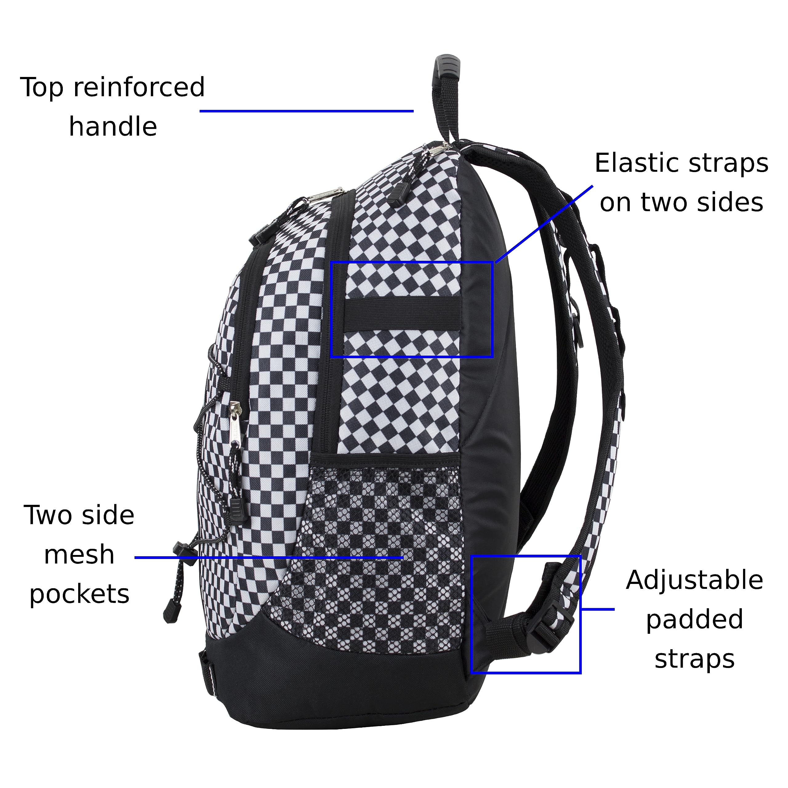 FUEL Checkered Black & White Hiking Backpack for Women & Men - Durable Terra Sport Design for Travel, College, Gym & Work - Includes Laptop Sleeve & Bungee Straps (18 Inches) - Perfect for Outdoor Adventures & Daily Commute