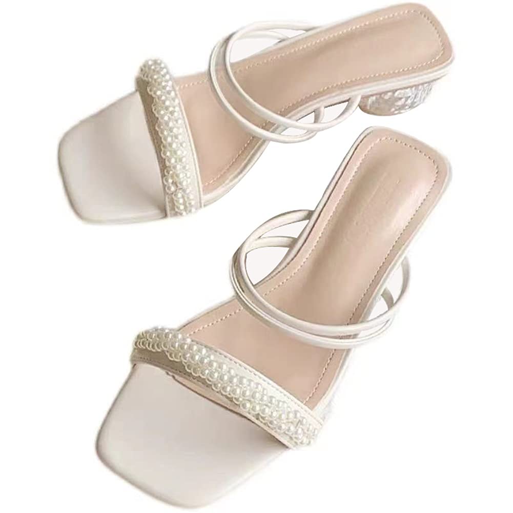 Women's Summer Beaded Pearl Mid-Heel Slides - Comfortable Chunky Heel Fashion Slippers for Women | Beige Size 35 | Perfect for Beach, Poolside, and Summer Outings