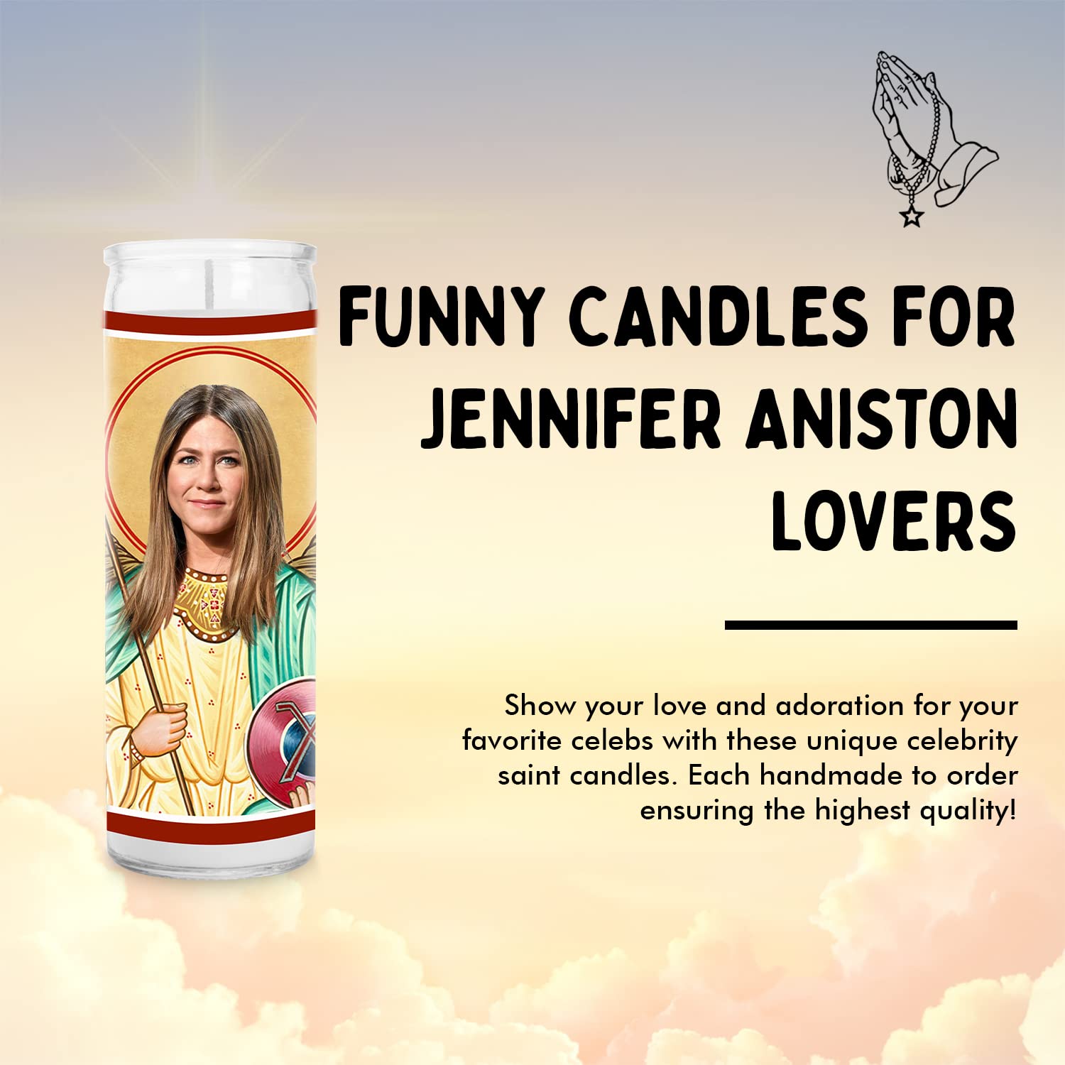 Jennifer Celebrity Prayer Candle - Friends TV Show Rachel Saint Candle - 8 Inch Handmade Glass Votive Candle - Made in USA - Novelty Gift for Fans - Perfect for Home Decor, Religious Devotion & TV Show Memorabilia