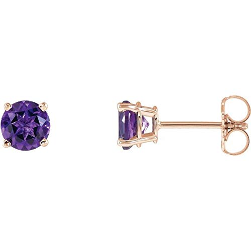 14K Rose Gold 5mm Round Amethyst Stud Earrings - Lightweight Wire Basket Setting - Perfect for Everyday Wear, Gift Giving & Special Occasions