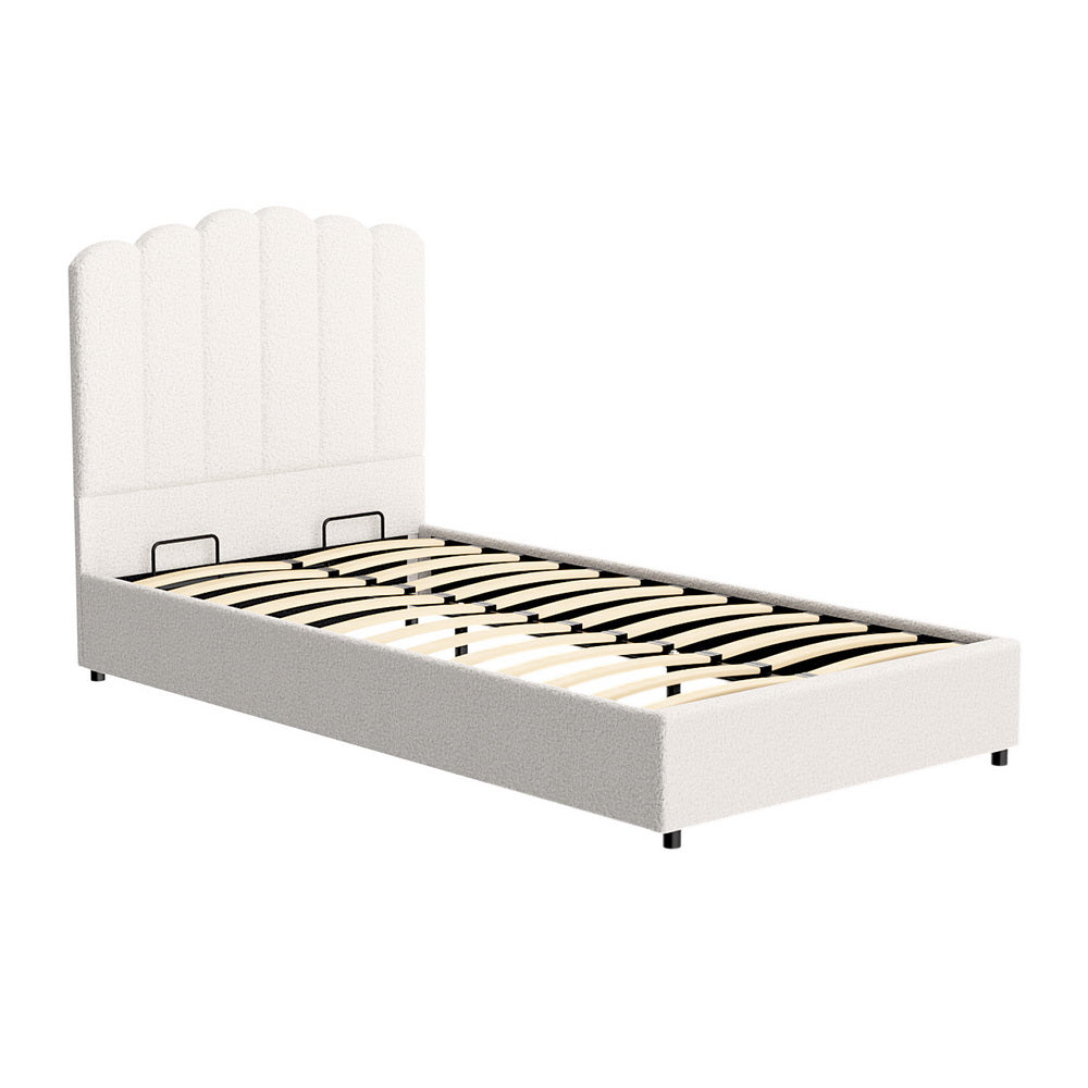 Fion King Single Boucle Storage Bed in Cream White - Space-Saving Platform Bed with Underbed Storage for Small Bedrooms, Dorms & Apartments