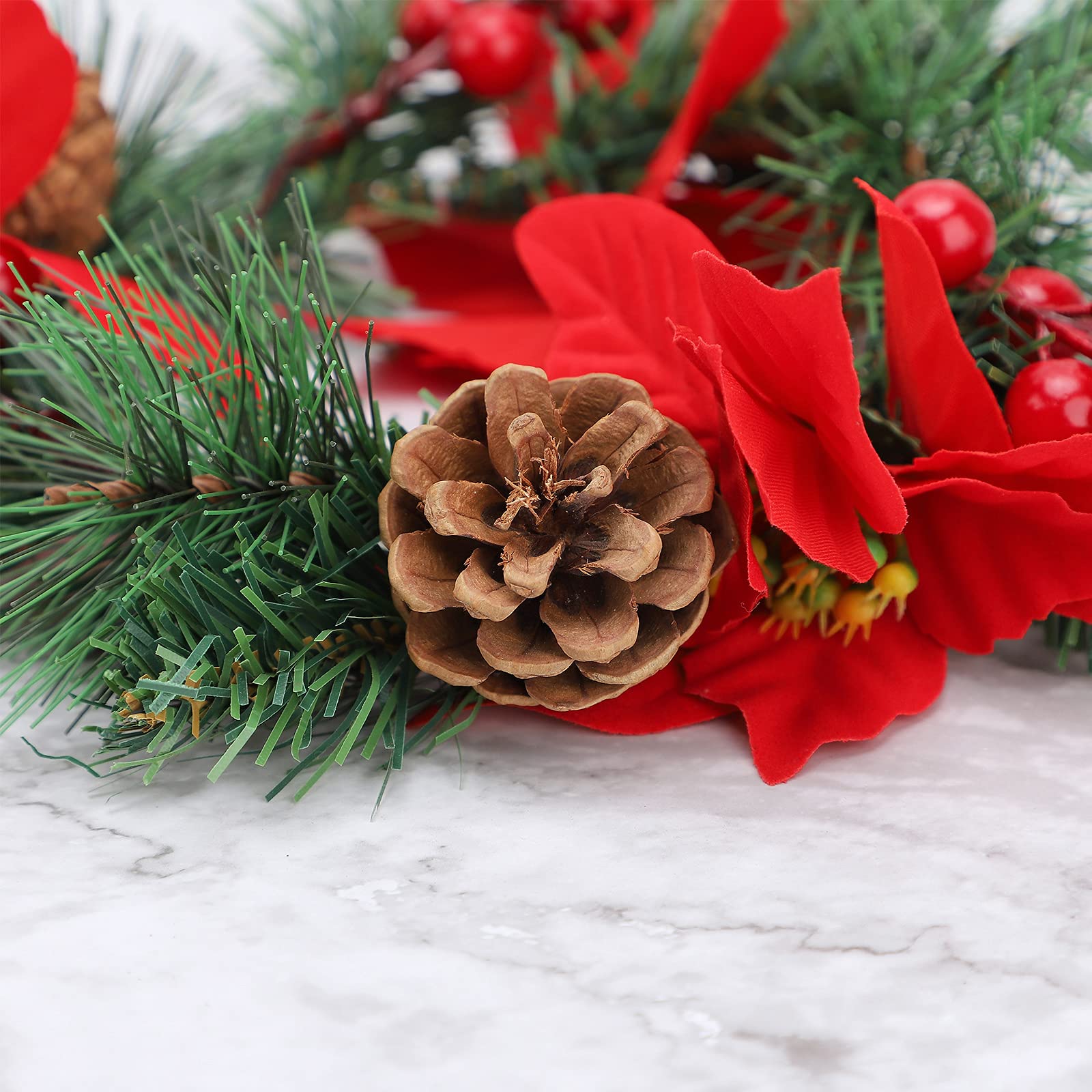 6Pcs Artificial Poinsettia Pine Candle Rings - Christmas Floral Wreath Candle Holder with Red Berries for Table Decor, Holiday Party, Wedding Centerpiece | Perfect for Fireplace Mantel, Dining Table, Christmas Tree Skirt Decoration
