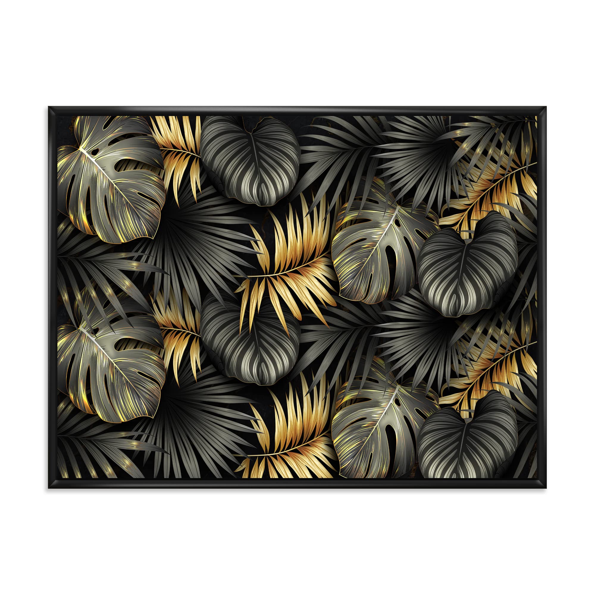 DesignQ Black and Gold Tropical Leaves II - Modern Framed Canvas Wall Art Print for Living Room, Bedroom & Office Decor | Nature Inspired Home Wall Decor