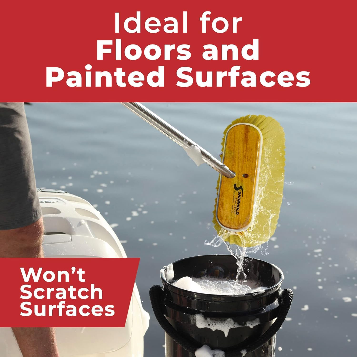 Shurhold 980 10 Inch Soft Bristle Deck Brush with Yellow Polystyrene Bristles - Boat, RV & Marine Cleaning Brush for Non-Slip Surfaces