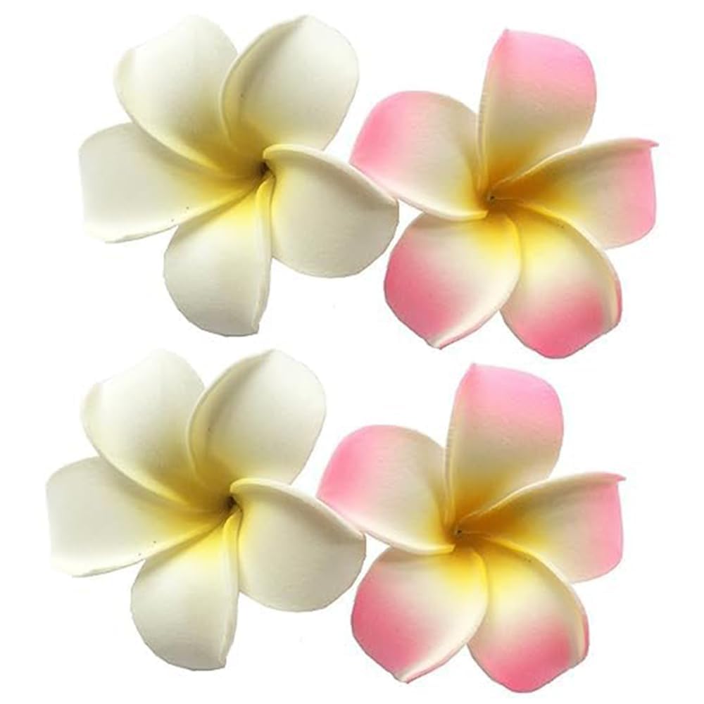 2 Pcs 7Cm White and Pink Hawaiian Frangipani Plumeria Hair Clips - Foam Flower Hair Barrettes for Women, Girls - Perfect for Beach Parties, Weddings, Summer Vacations & Tropical Themed Events