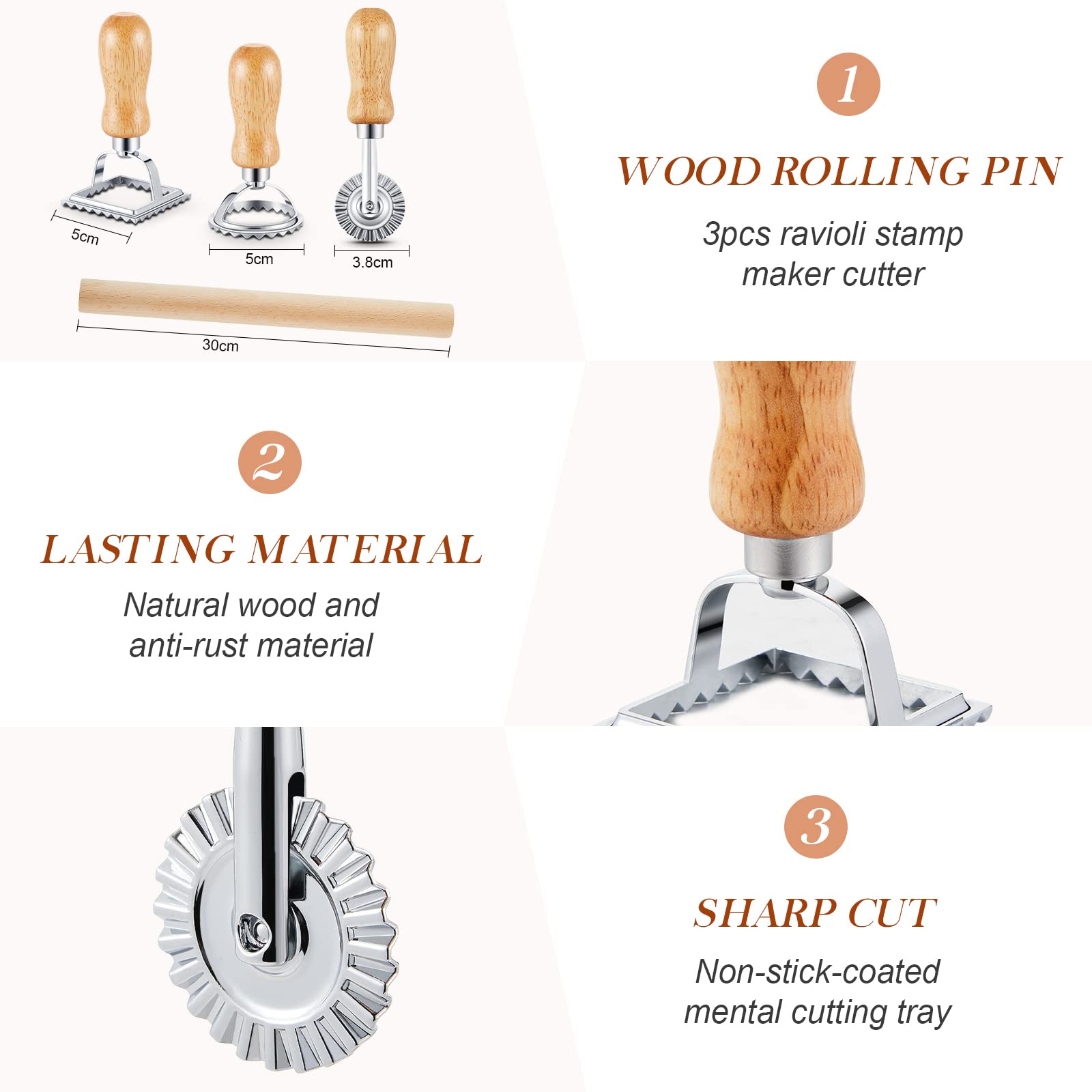5-Piece Ravioli Mold Set with 12-Hole Press, 3 Pasta Cutters & Wooden Rolling Pin - Complete Pasta Making Kit for Homemade Ravioli, Dumplings & Pelmeni - Perfect Kitchen Gift for Italian Cooking & DIY Pasta Lovers