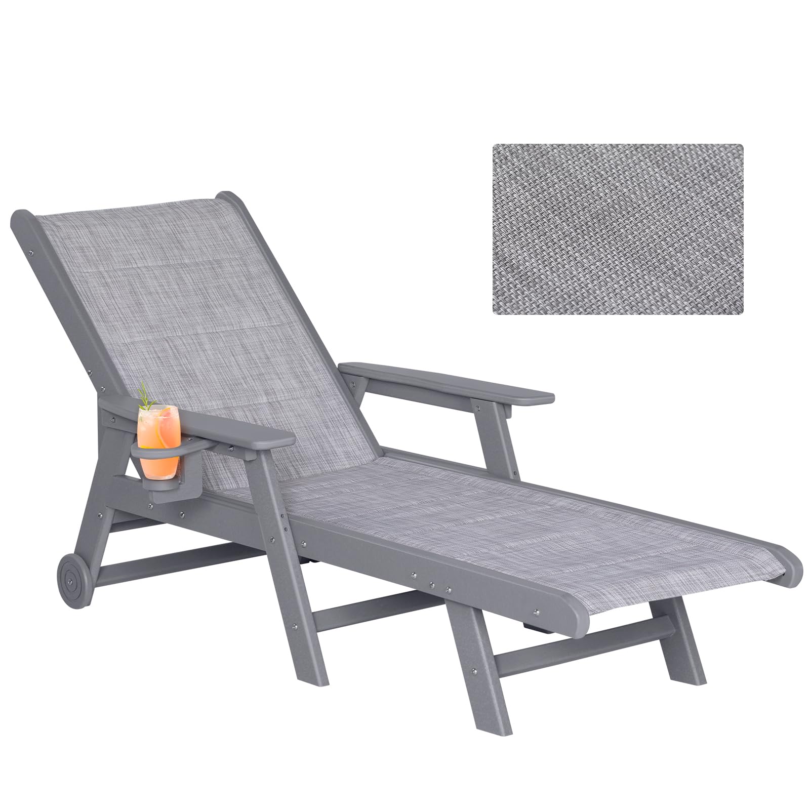 5-Position Adjustable Outdoor Chaise Lounge Chair with Textilene Surface, Wheels & Cup Holder - HDPE Poolside, Beach & Patio Recliner for Relaxing (Grey, 1 Pack) - Perfect for Backyard, Swimming Pool & Seaside Lounging
