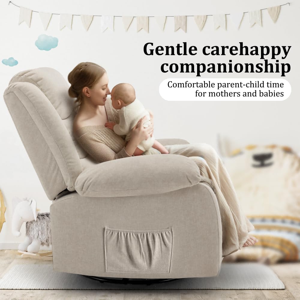 Premium Recliner Rocking Chair with Massage & Heat - 360° Swivel Oversized Adult Rocker, Soft Cashmere Upholstery, Beige Living Room Reclining Sofa - Perfect for Nursery, Home Theater & Relaxation Spaces