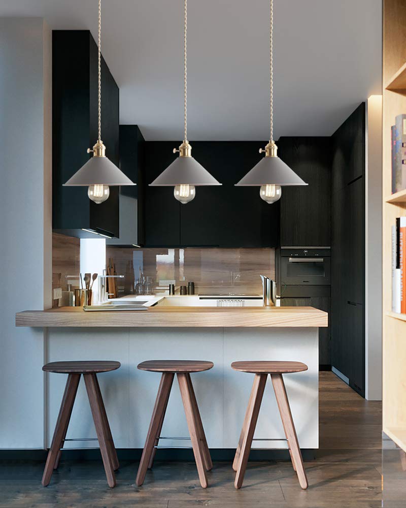3-Light Halo Track Macaron Pendant Lighting Set - Industrial Grey E26 Hanging Lamp with Dimmable Twist Switch & 5ft Braided Brown Cord - Perfect for Kitchen Island, Dining Room, and Cafe Decor