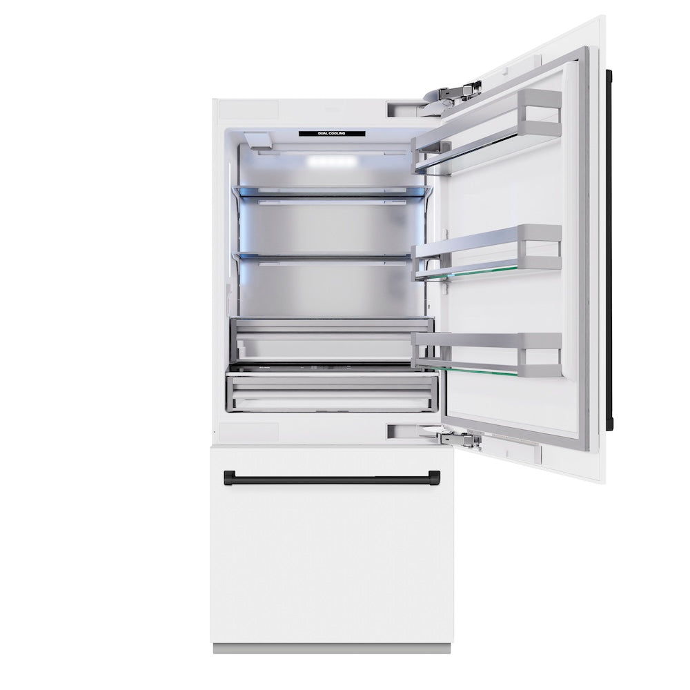 ZLINE Autograph Edition 36 Inch Built-In Bottom Freezer Refrigerator - 19.8 cu ft Capacity, Water Dispenser & Ice Maker, White Matte with Matte Black Accents (RBITZ WM 36 MB) - Perfect for Modern Kitchens, Open Concept Homes & Luxury Appliances Upgrade