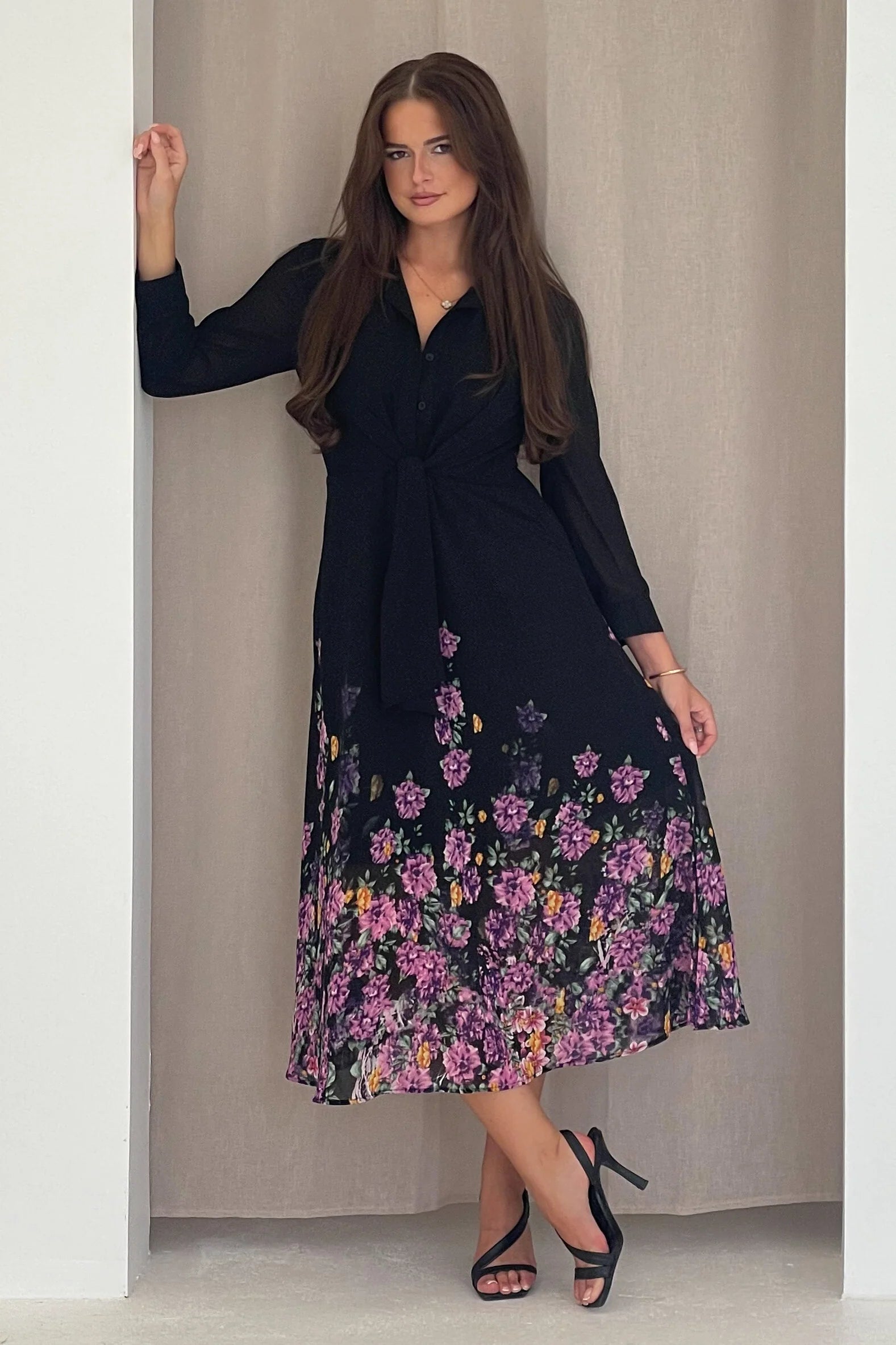 Isabella Purple Floral Print Tie Front Shirt Dress for Women - Elegant Summer Casual Outfit for Brunch, Date Night & Office Wear