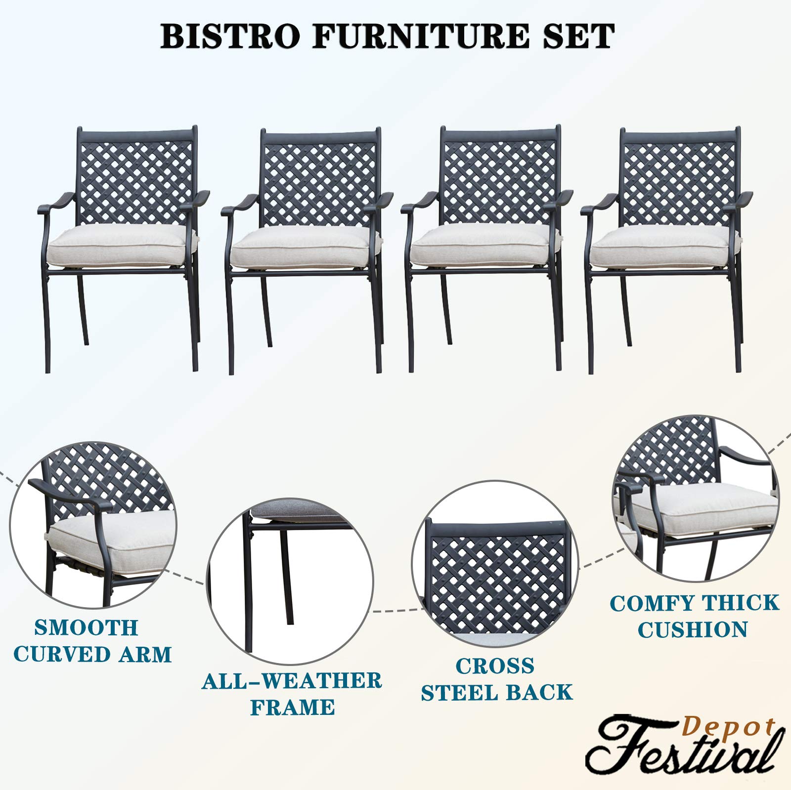 5-Piece Outdoor Patio Dining Set with 4 Armchairs, Cushions & Round Black Table - Wrought Iron Furniture for Deck, Lawn, Poolside (Grey) | Includes 2.04