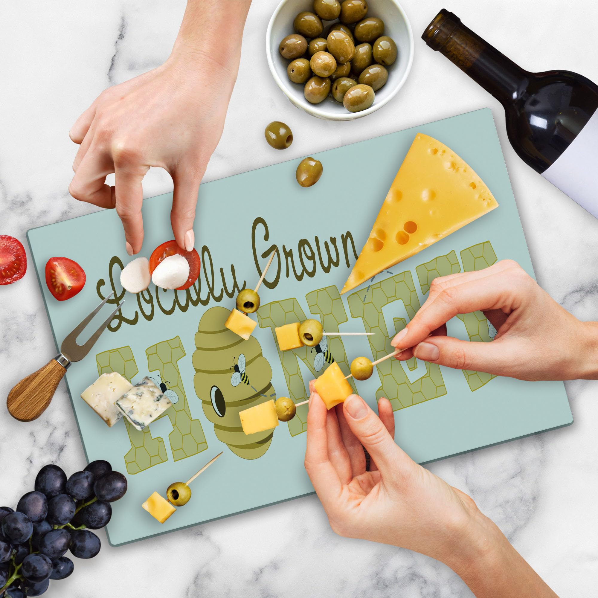 Ambesonne Honey Bee Glass Cutting Board - Large Dark Cocoa Mustard for Kitchen & Serving