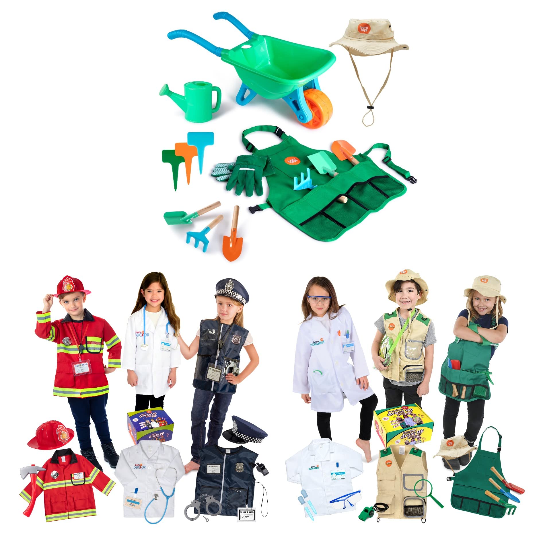 Premium Kids Gardening Tool Set with Wheelbarrow, Hero & First Responder Trunk Set, and Scientist/Gardening/Outdoor Explorer Costume Bundle for Boys & Girls - Perfect for Dress Up, Outdoor Play & STEM Learning Activities