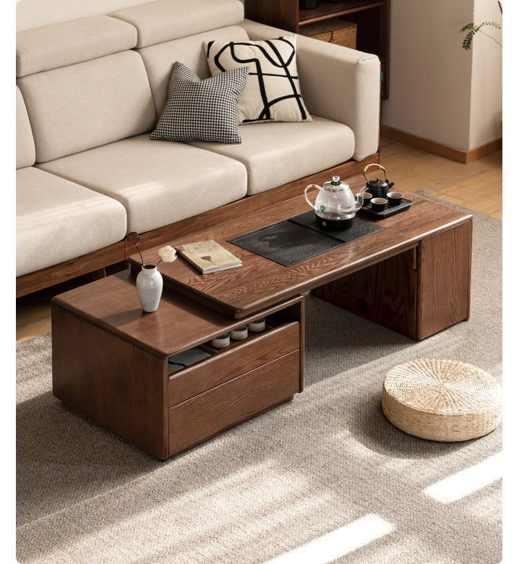 Solid Oak & Black Walnut Retractable Modern Coffee Table - Expandable Dining Table for Small Spaces, Perfect for Living Room, Studio Apartments & Office Use