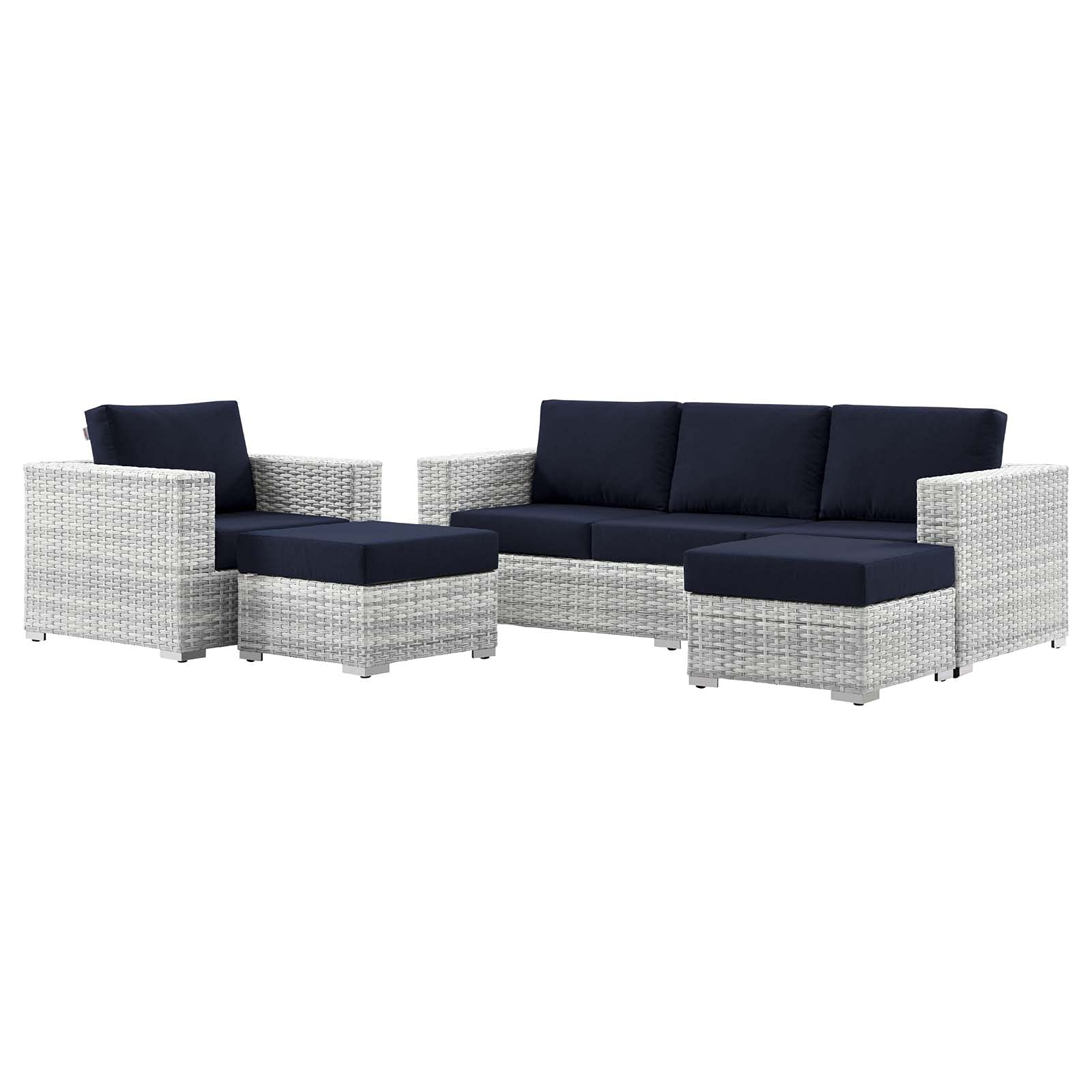 Modern Lounge Sectional Sofa Chair Set with Rattan Wicker Design in Grey, Blue, Navy - Perfect for Outdoor Cafe, Bistro, and Patio Relaxation