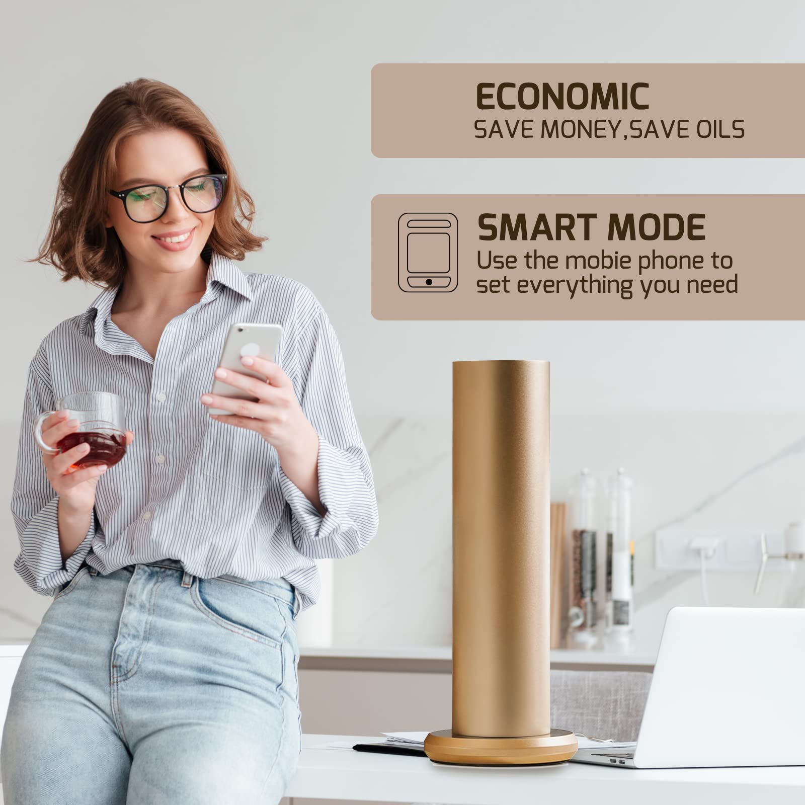 JCLOUD Smart Scent Air Machine - Bluetooth Essential Oil Diffuser for Home & Office, Waterless Cold Air Aromatherapy Device for Large Spaces, Gold | Perfect for Relaxation, Yoga, Spa & Bedroom Aromatherapy