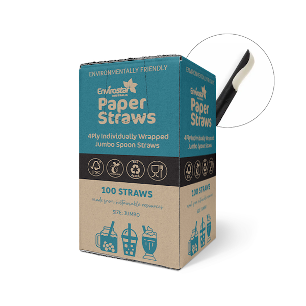 Eco-Friendly Black 4-Ply Paper Spoon Straws - Individually Wrapped, Biodegradable Cutlery for Parties, Picnics & Takeout - Envirostar Sustainable Disposable Utensils