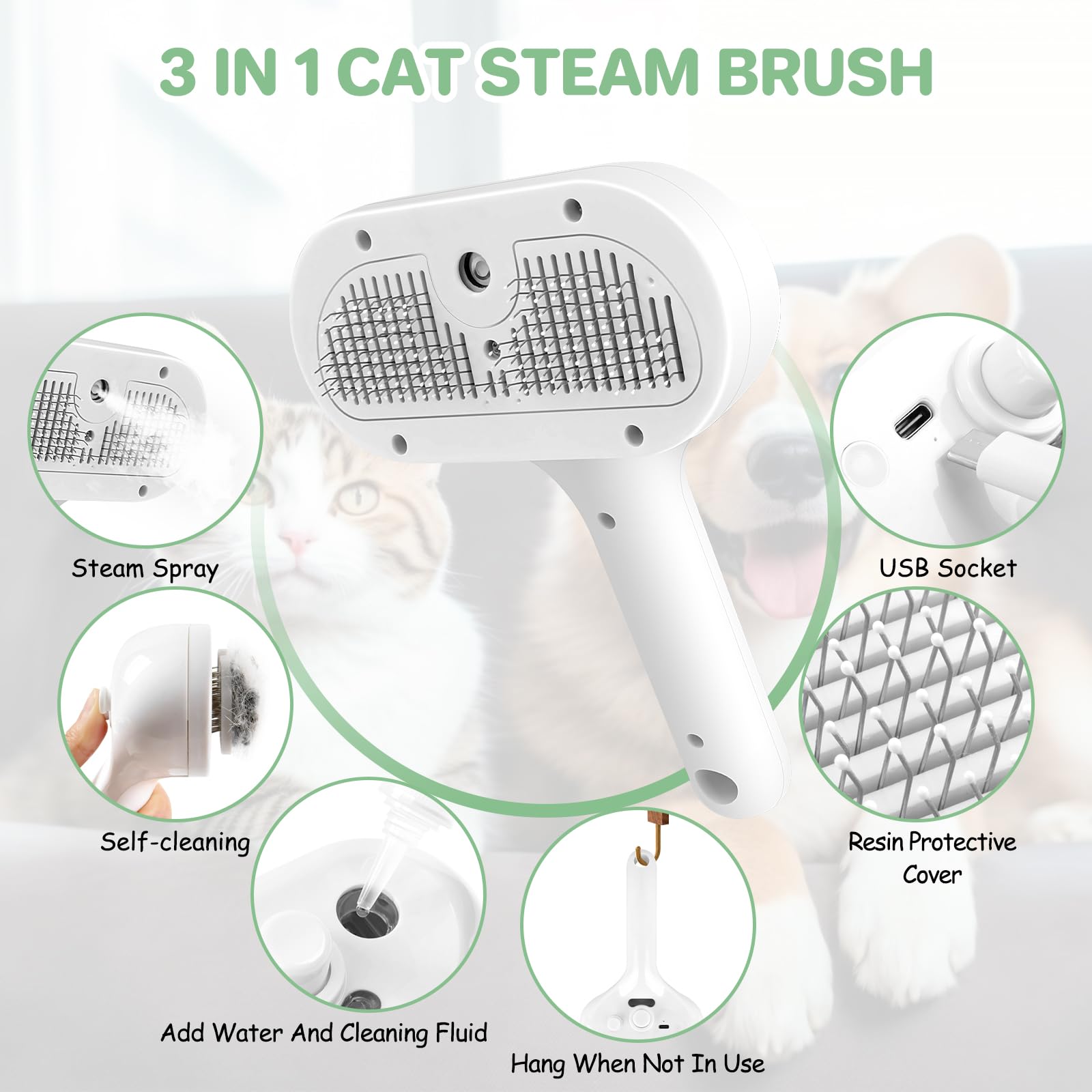 ETACCU 3-in-1 Pet Steam Brush for Dogs & Cats - Self-Cleaning Grooming Tool with Release Button to Remove Tangled & Loose Hair for Long/Short Haired Pets | Perfect for Shedding Control & At-Home Pet Grooming Sessions