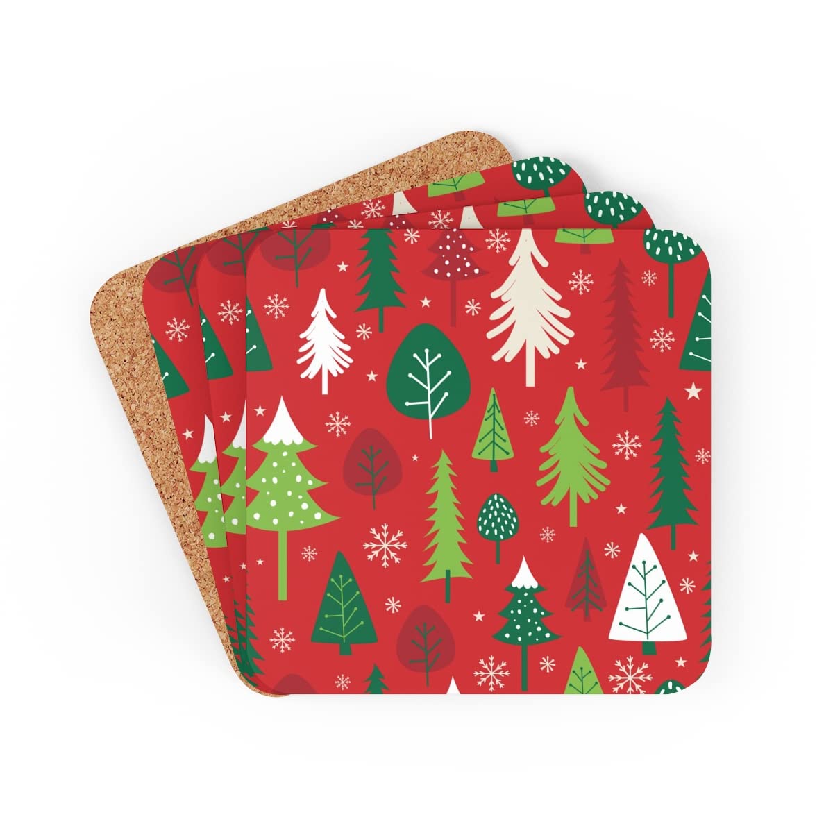 Christmas Wooden Coasters Set of 4 - 3.5 x 3.5 Inch Holiday Tree Printed Drink Coasters for Dining Table, Office & Home Decor - Perfect Xmas Gift for Family & Friends - Ideal for Holiday Parties, Dinner Gatherings and Festive Home Decoration