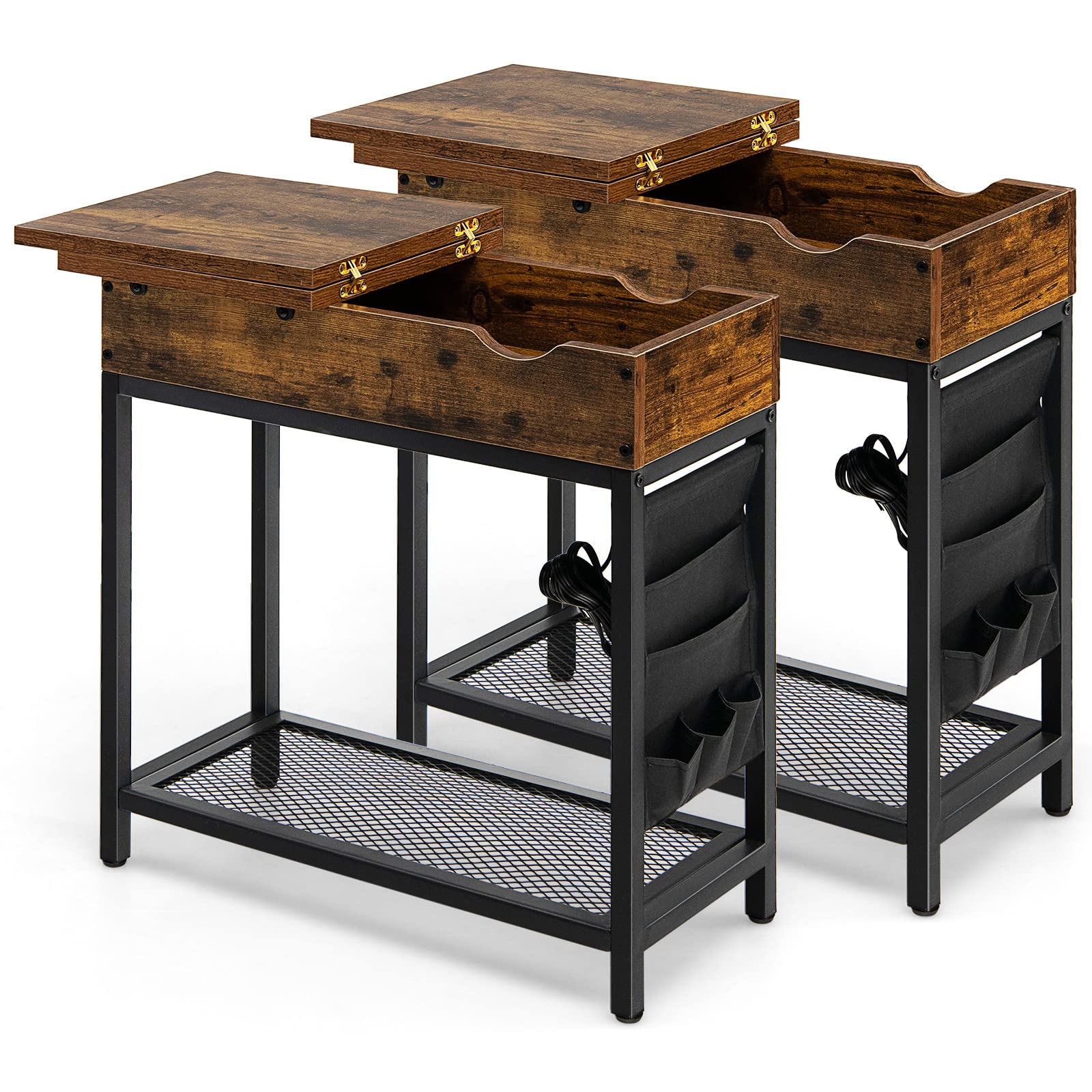 Tangkula Flip Top Side Table with Charging Station - USB Ports & Outlets, Narrow End Table with Fabric Storage Bags - Industrial Nightstand for Small Spaces (Rustic Brown, 2-Pack) | Perfect for Living Room, Bedroom & Dorm Organization