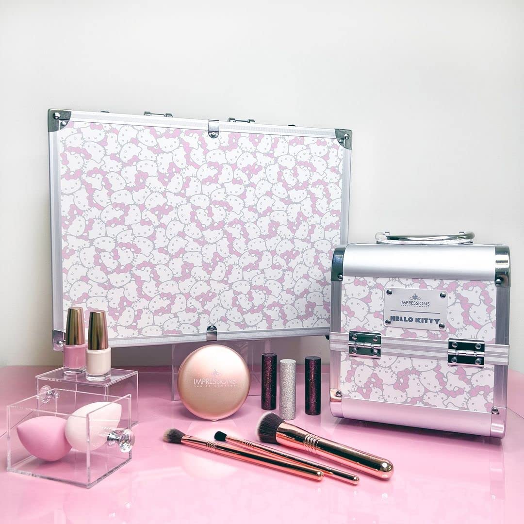 Hello Kitty Makeup Travel Case - Portable SlayCube Makeup Organizer with 2 Extendable Trays, Flip Top Mirror & Durable Outer Shell (White/Pink) - Perfect for Travel, Home Vanity & On-the-Go Touch Ups