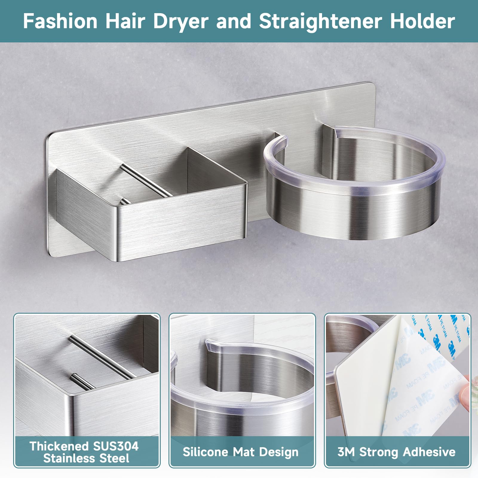 Stainless Steel Hair Dryer Holder & Hair Tool Organizer - Wall Mounted Blow Dryer Stand with Adhesive for Flat Iron, Curling Iron & Hair Styling Tools - Perfect for Bathroom, Salon & Home Organization