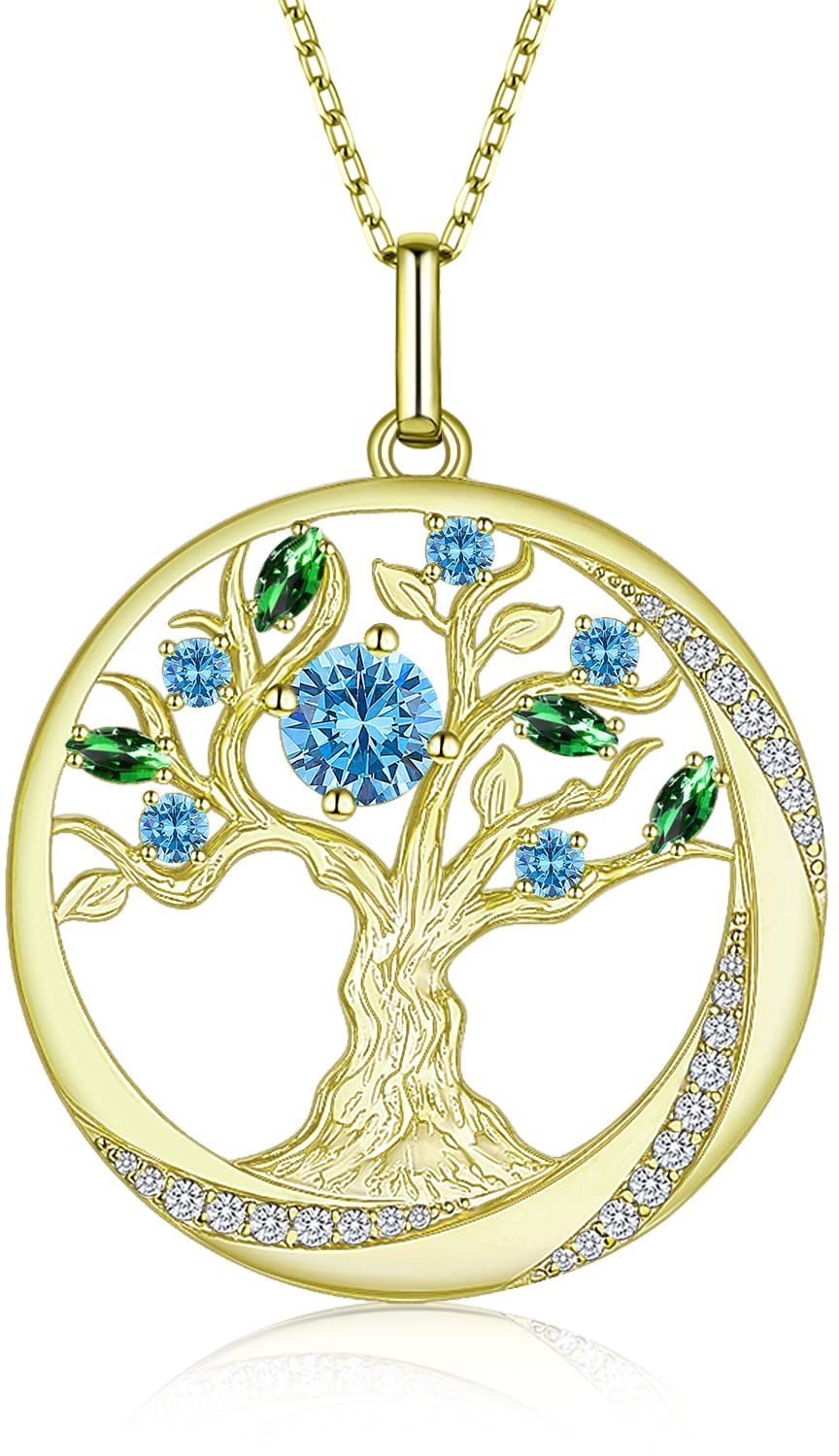 JD&P Tree of Life Gold Necklace for Women - 925 Sterling Silver 18K Gold Plated Cubic Zirconia Birthstone Pendant Jewelry - Perfect Gift for Valentine's Day, Mother's Day, Christmas - Ideal for Mom, Grandma & Special Occasions