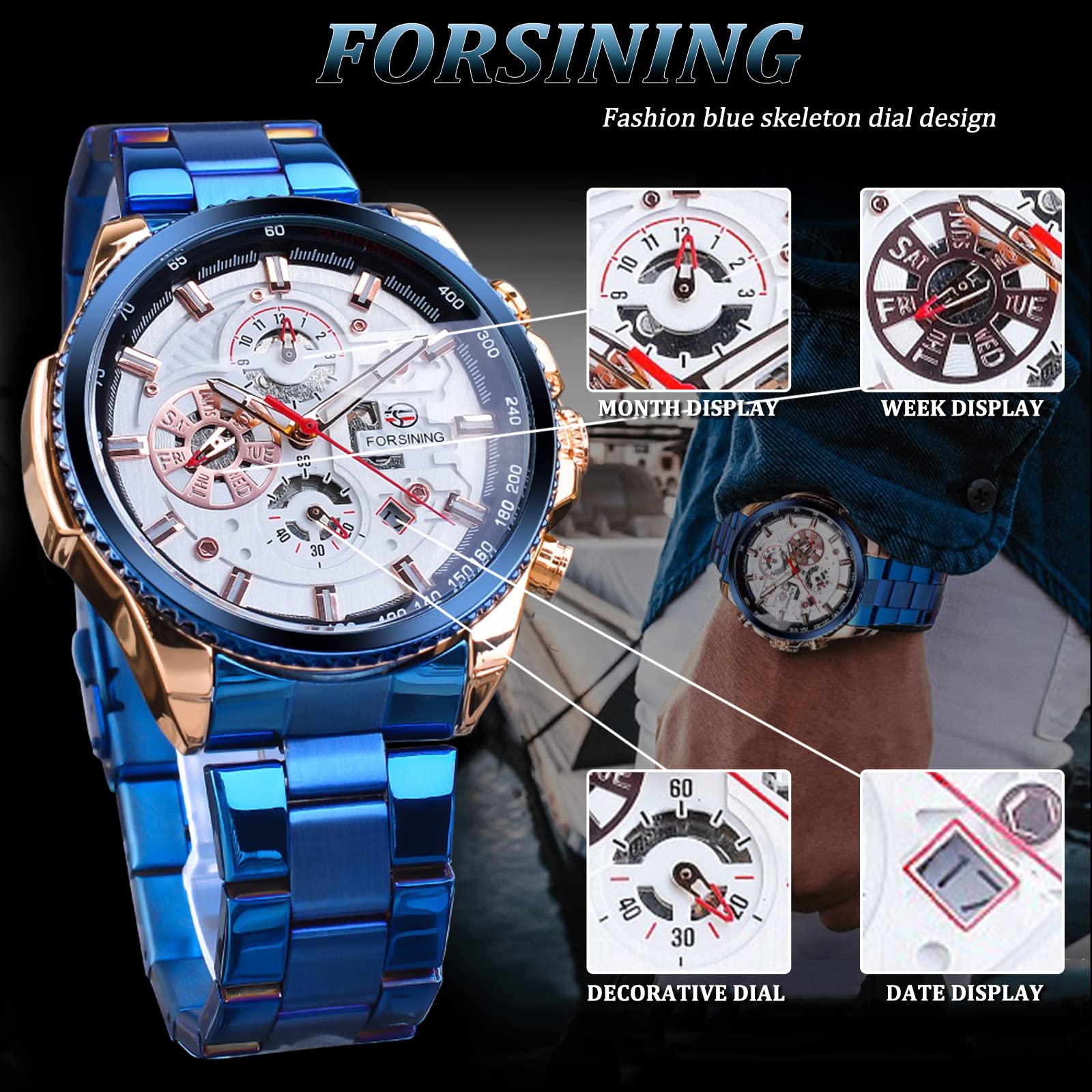 FORSINING Men's Automatic Self-Winding Luxury Stainless Steel Watch - Large Dial, Multifunction (Month/Day/Date, Stopwatch, Tachymeter) - Perfect for Business, Formal Events & Everyday Wear