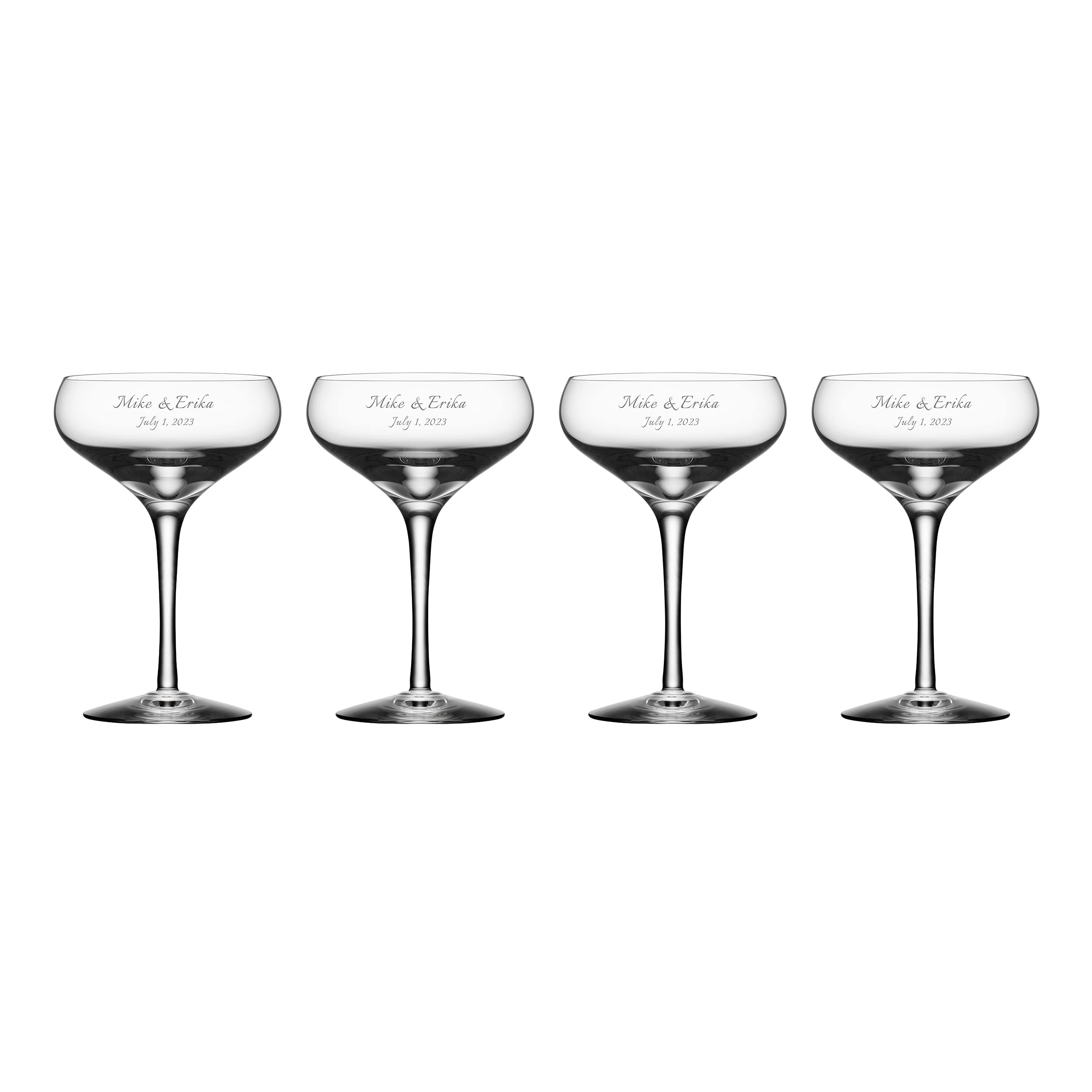 Personalized Orrefors 7oz Crystal Coupe Glasses Set of 4 - Custom Engraved Champagne Glasses for Cocktails, Wedding, Anniversary & Birthday Gifts - Perfect for Celebrations, Housewarming & Elegant Entertaining