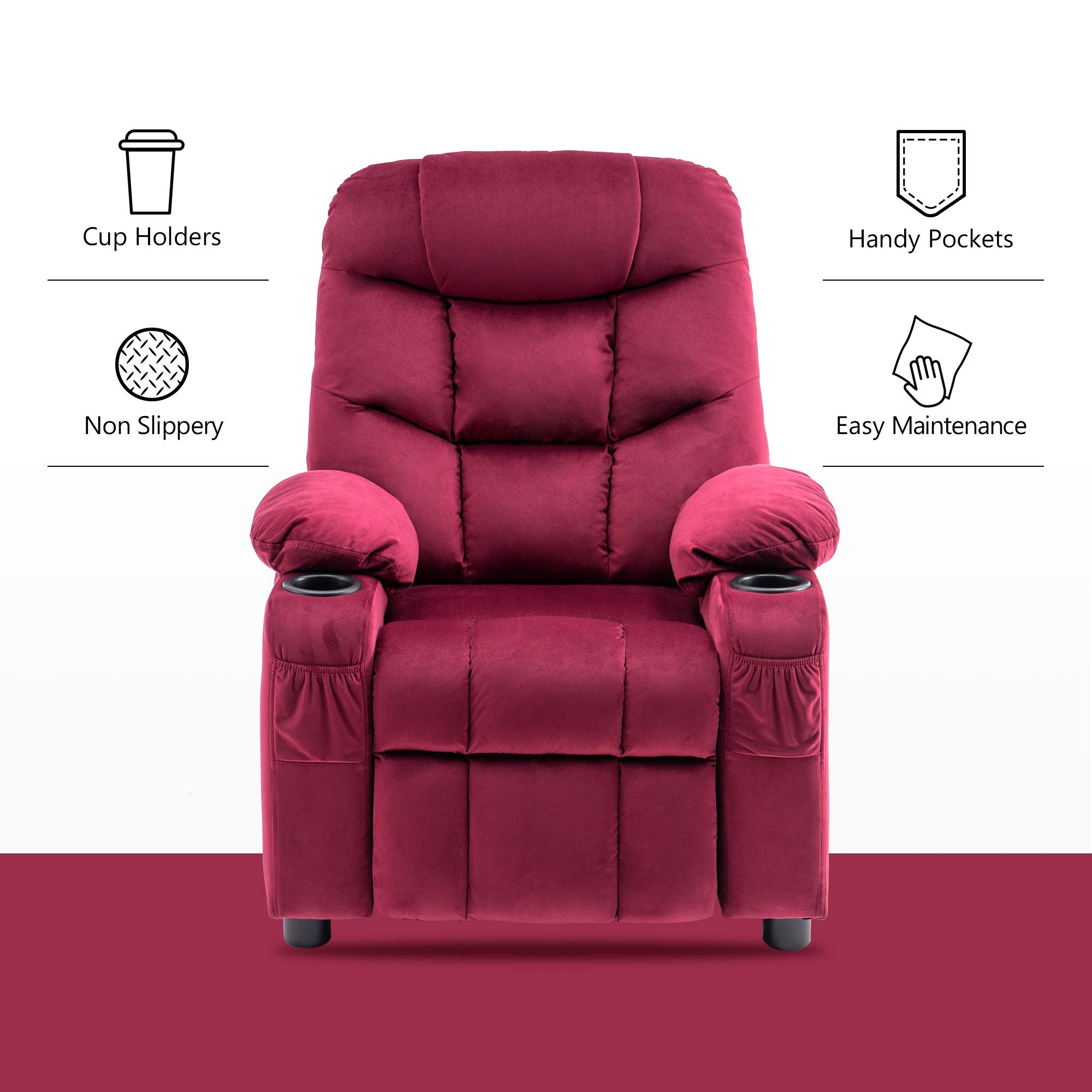 MCombo Big Kids Recliner Chair for Ages 3+ | Velvet Toddler Reclining Sofa with Cup Holders | Burgundy Kids Furniture for Playroom, Bedroom & TV Time