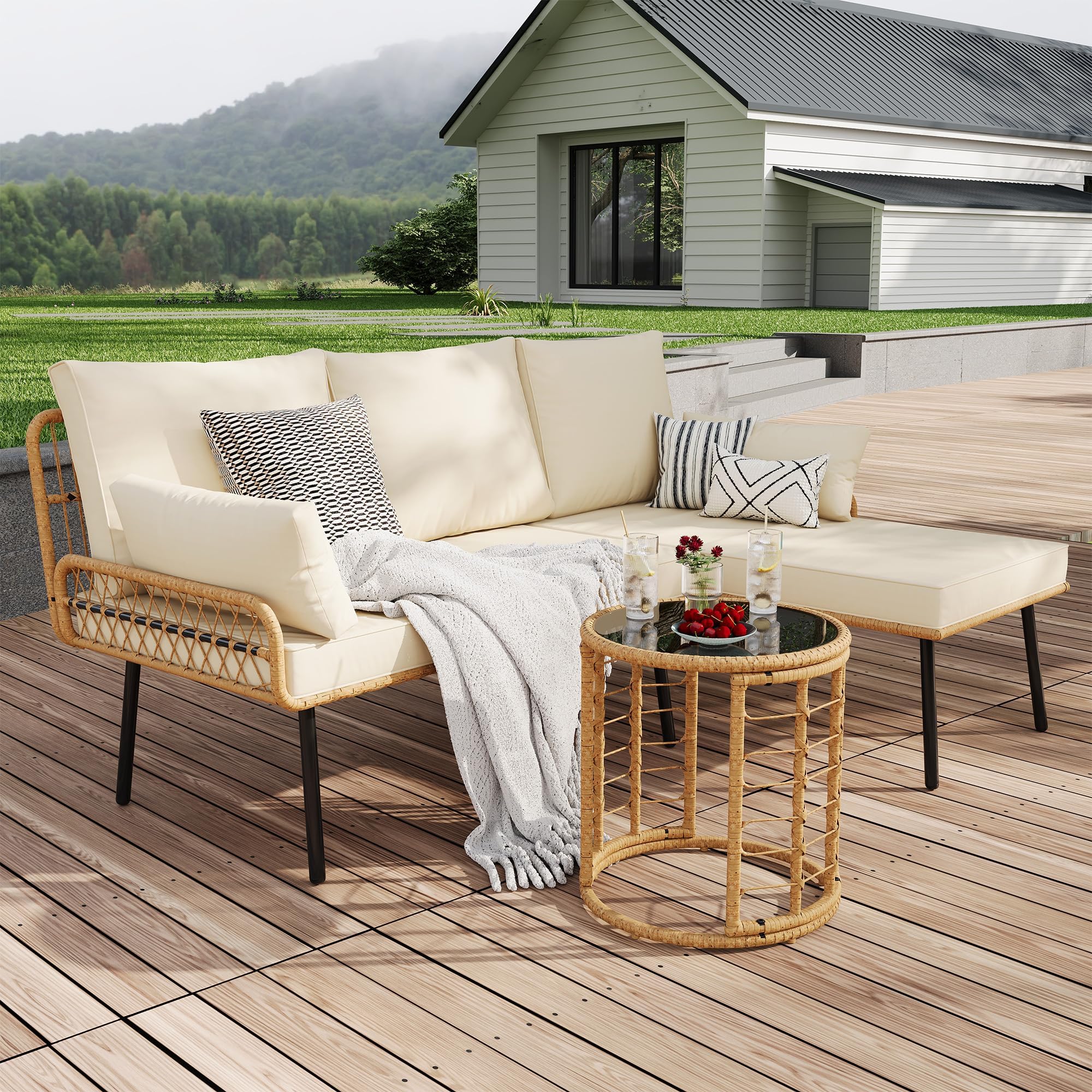 GARVEE 3-Piece All-Weather Wicker Patio Furniture Set - Outdoor L-Shaped Sectional Sofa with Washable Cushions & Tempered Glass Coffee Table - Perfect for Deck, Poolside, Backyard, Garden & Outdoor Lounge Areas