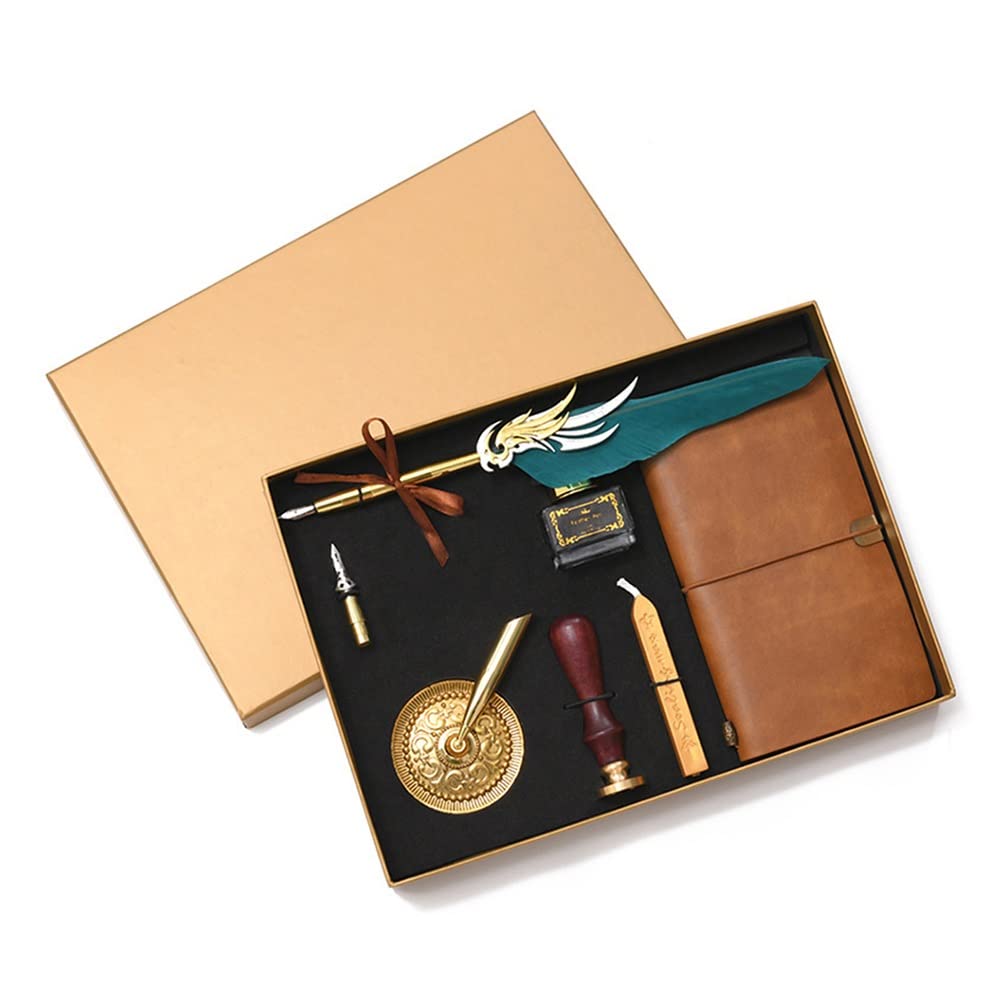 Vintage Fountain Pen Set with Notebook, Empty Ink Bottle & Calligraphy Feather - Dip Pen for Writing, Calligraphy & Gift Giving - Perfect for Journaling, Letter Writing & Special Occasions