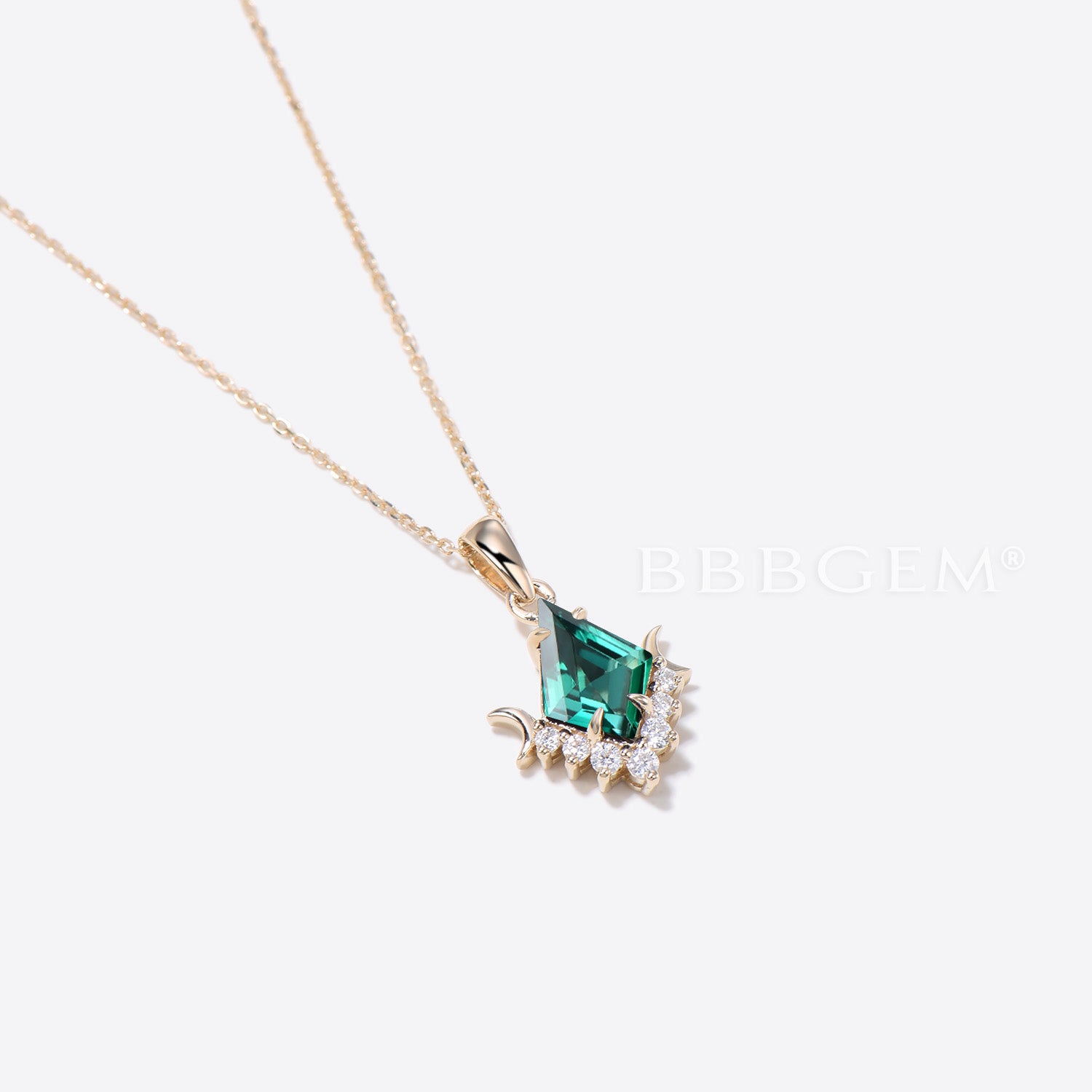14K Solid Gold Moon Pendant Necklace with Kite-Cut Green Emerald - Elegant Wedding Jewelry for Brides, Anniversary Gifts & Special Occasions