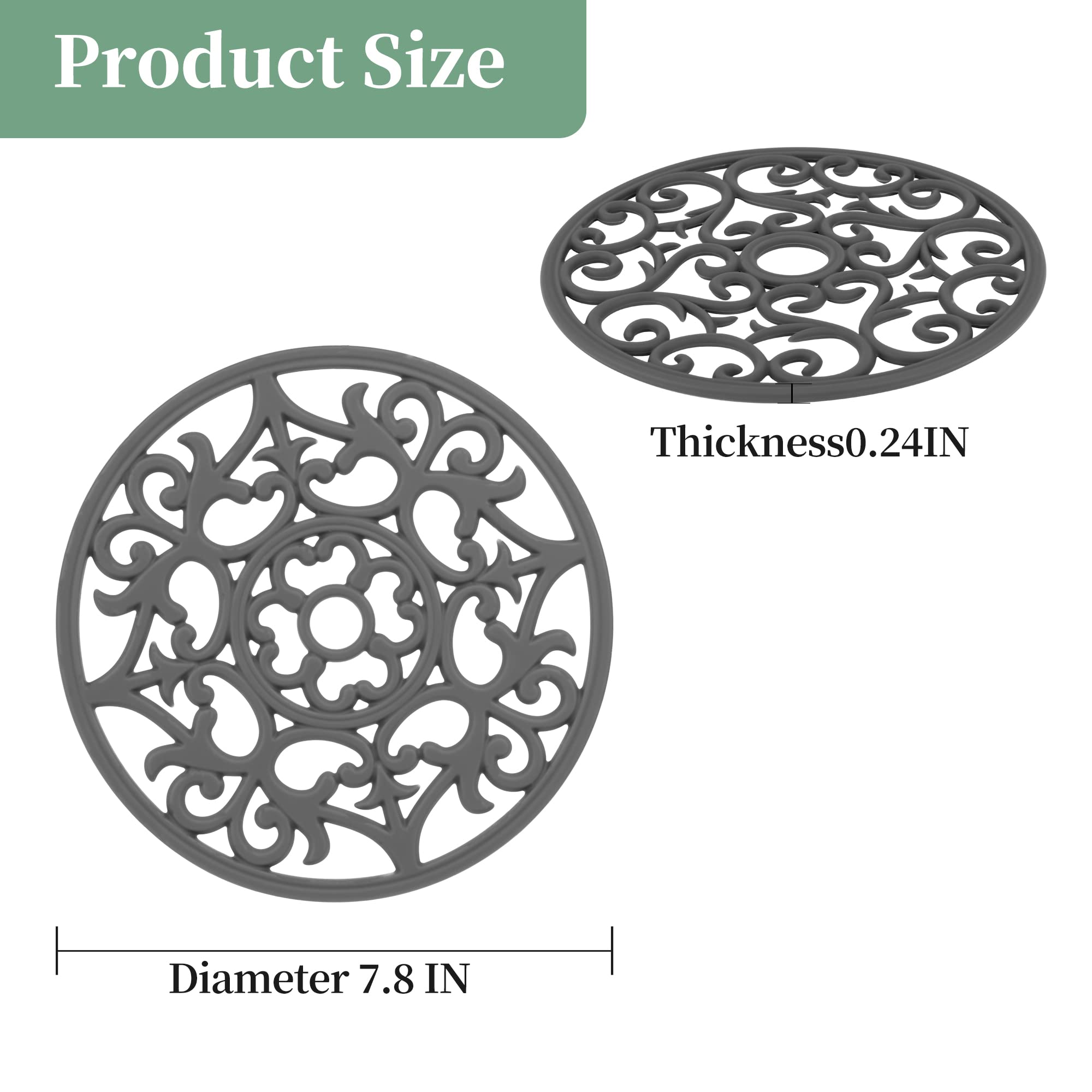 Heat Resistant Silicone Trivet Set - 6 Gray Hot Pads for Kitchen & Dining