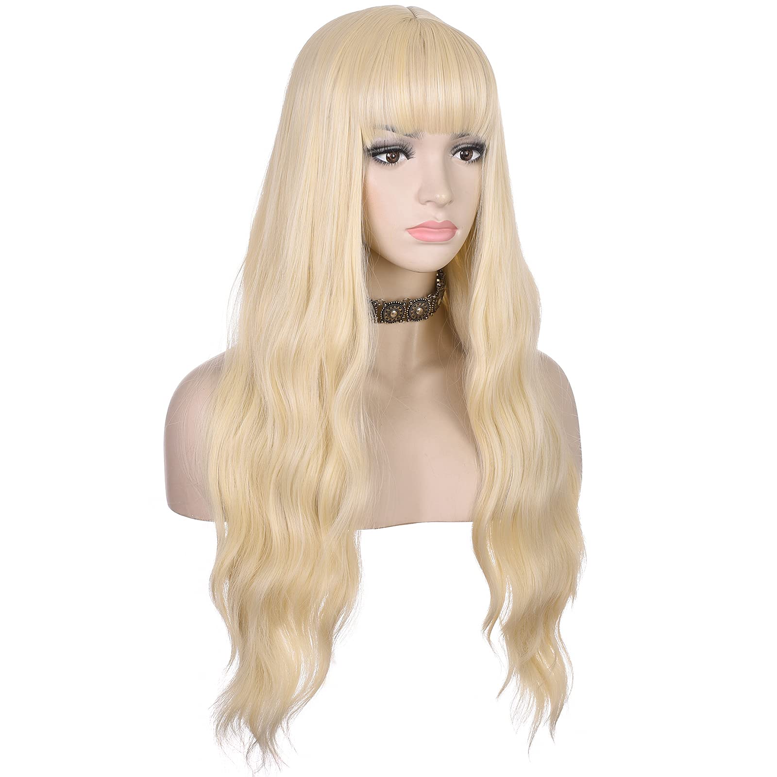 Long Wavy Wig with Bangs for Women - Heat Resistant Synthetic Hair Wig - Blonde Ombre Style - Perfect for Daily Wear, Cosplay & Costume Parties