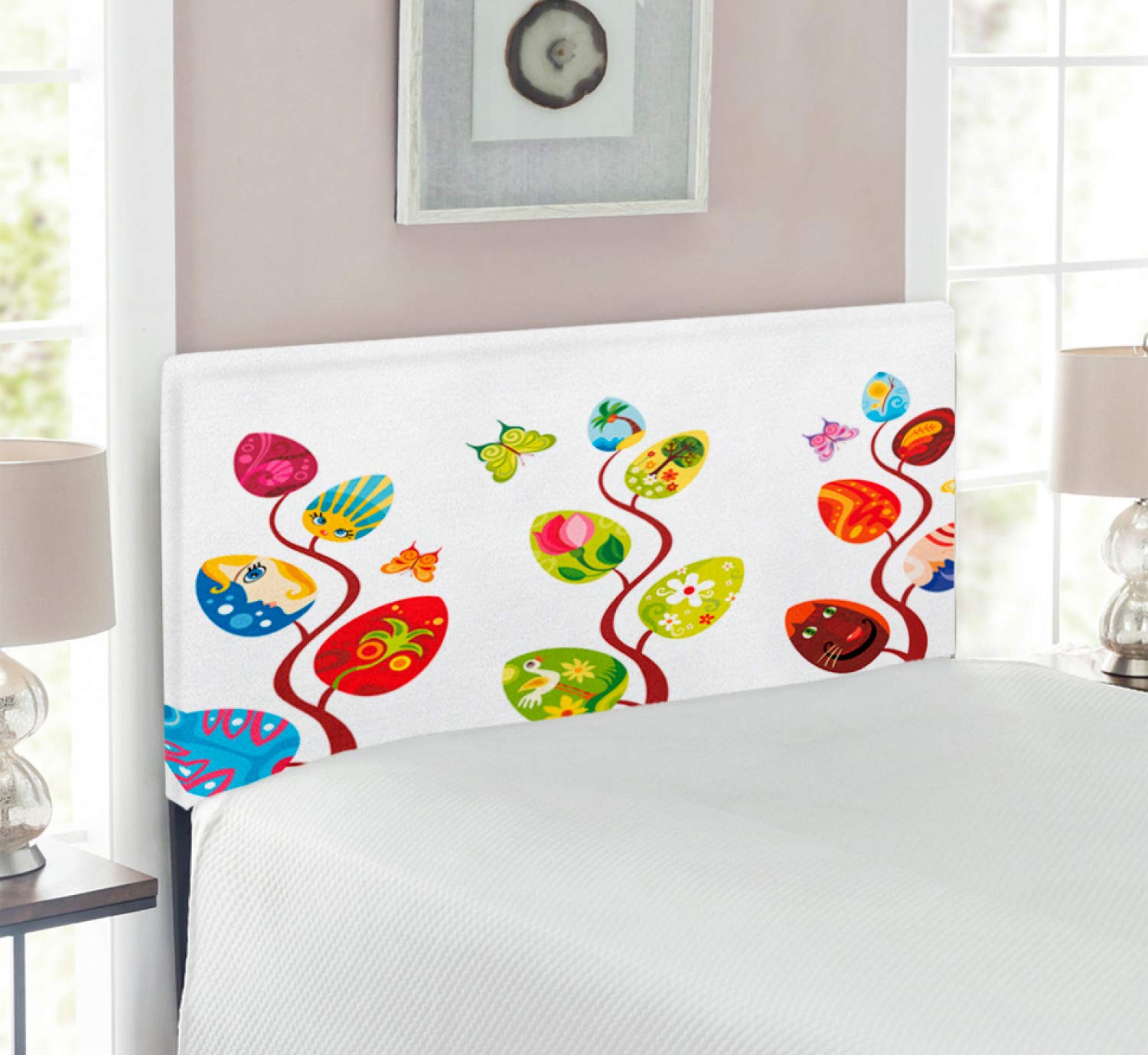 Ambesonne Magic Headboard - Upholstered Decorative Metal Bed Headboard with Memory Foam, Tree of Life Design with Branches, Leaves & Human/Cat Faces, Twin Size, Multicolor - Perfect for Bedroom Decor & Cozy Reading Nook