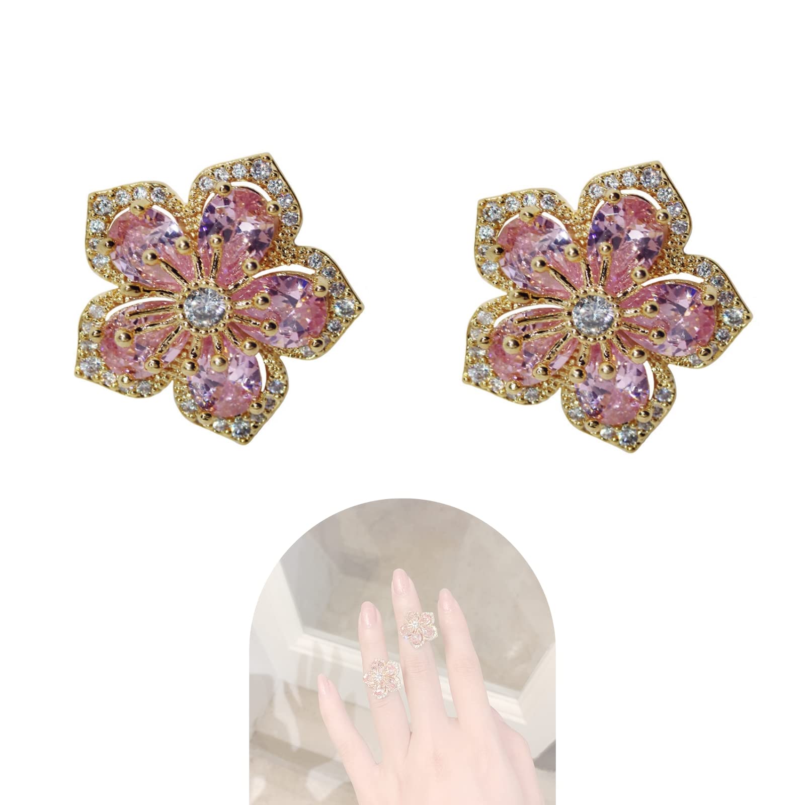 Sparkling Crystal Flower Stud Earrings for Women - Elegant Pink Floral Jewelry Gift Set for Mom, Sister & Friends | Perfect for Weddings, Parties & Special Occasions