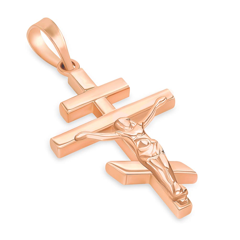 14K Rose Gold Russian Orthodox Cross Pendant Necklace - High Polish Religious Jewelry for Men & Women - Perfect for Baptism, First Communion & Spiritual Gifts