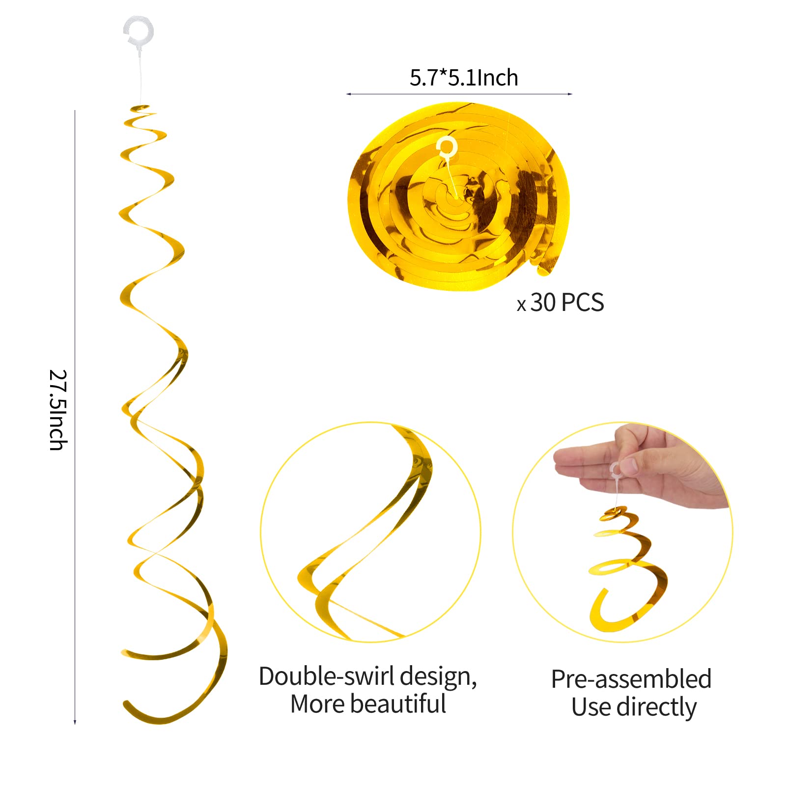 30 Pack Gold Plastic Hanging Swirl Decorations - Spiral Streamers for Ceiling, Wedding, Baby Shower & Birthday Party Supplies | Perfect for Indoor Events, Home Decor and Festive Celebrations