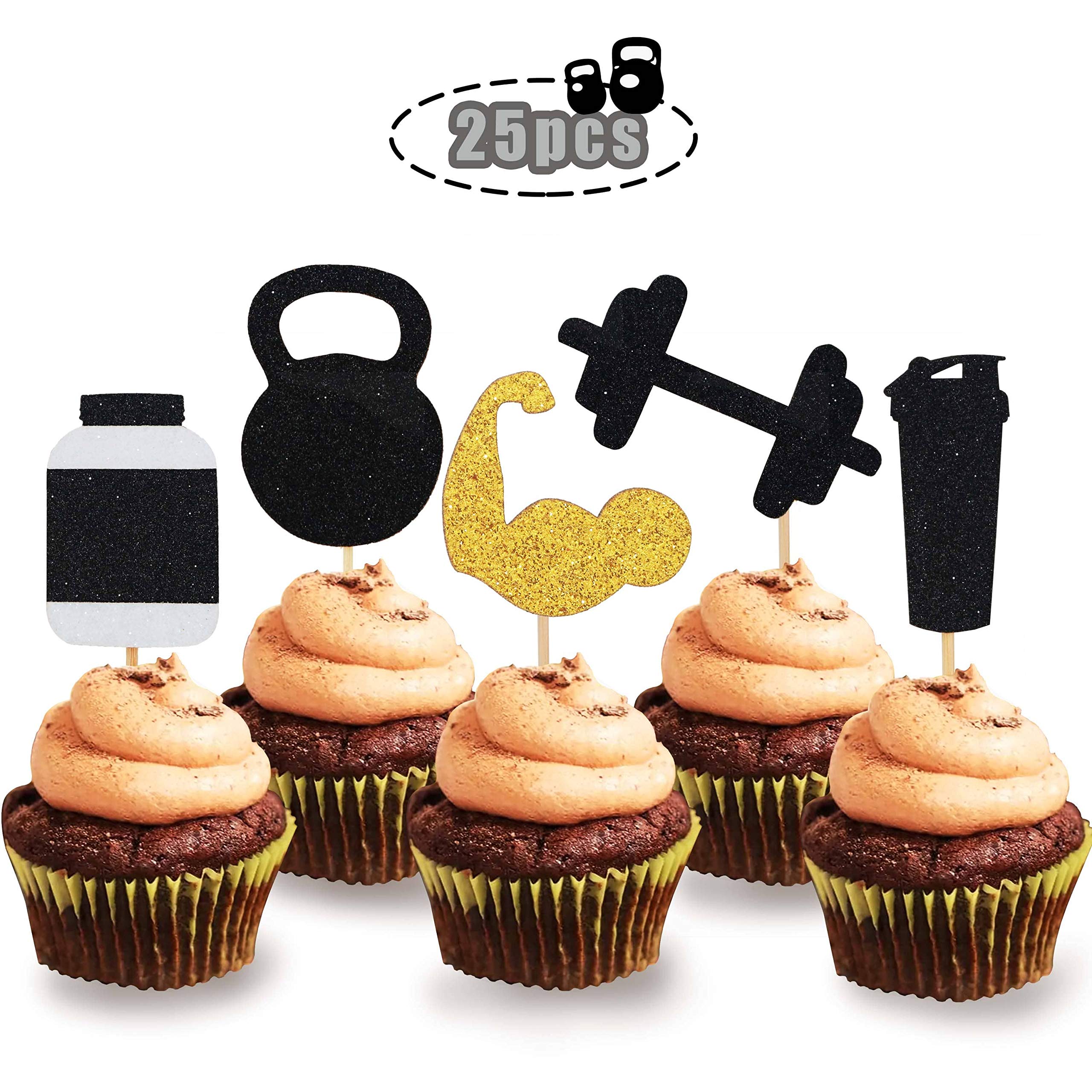 Glitter Gym Theme Cupcake Toppers - Weight Lifting & CrossFit Party Decorations - Fitness Themed Birthday Party Supplies for Gym Enthusiasts - Perfect for CrossFit Celebrations, Bodybuilding Parties & Workout Themed Events